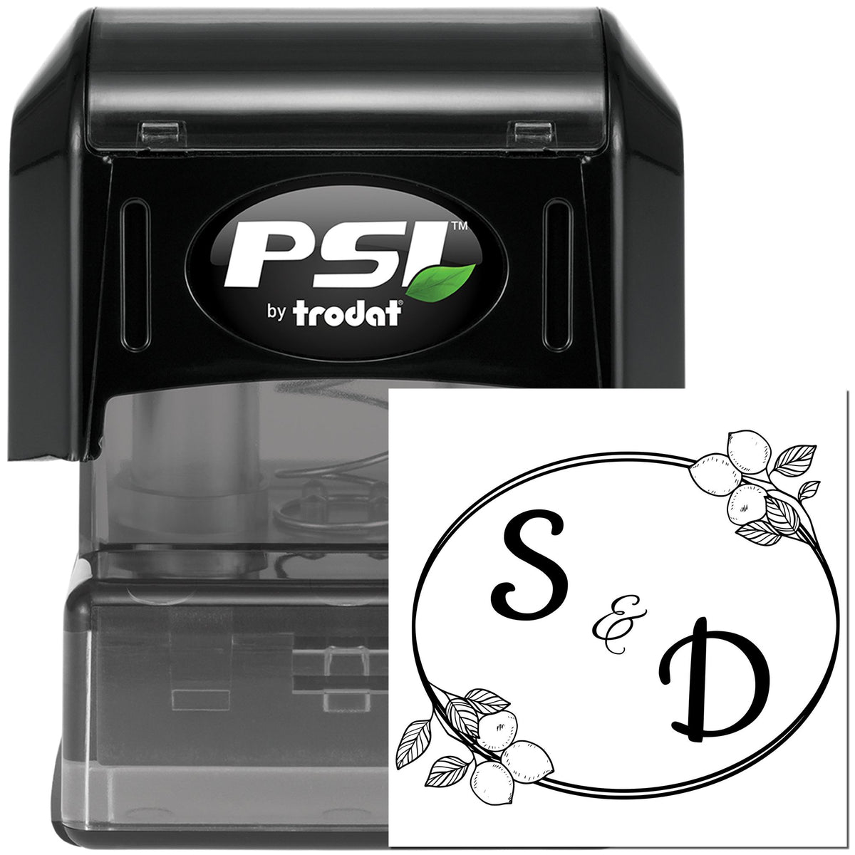 Trodat Zesty Romance initials wedding name stamper in black, personalized wedding stamp with custom initials, used for wedding invitations.