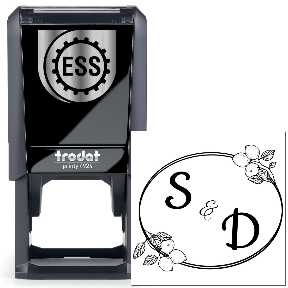 Black Trodat Printy 4924 self-inking stamp and white monogram seal card with ESS gear logo and floral S&D design.