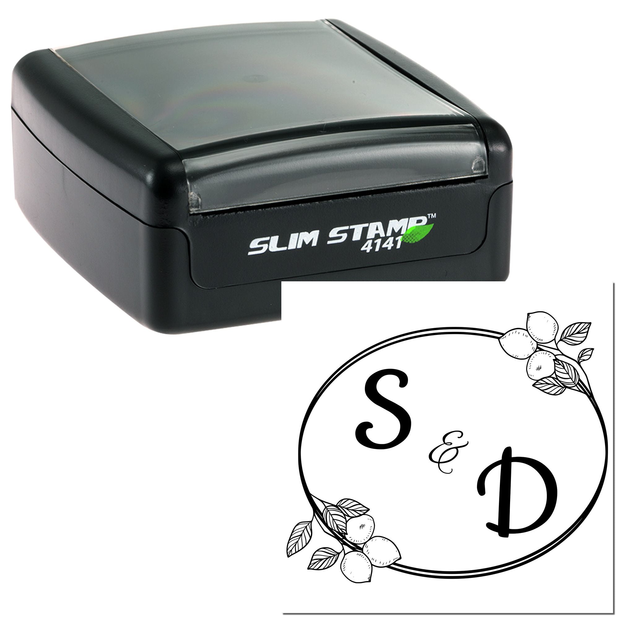 Black Slim Stamp 4141 self-inking stamp with floral monogram seal design featuring letters S and D.