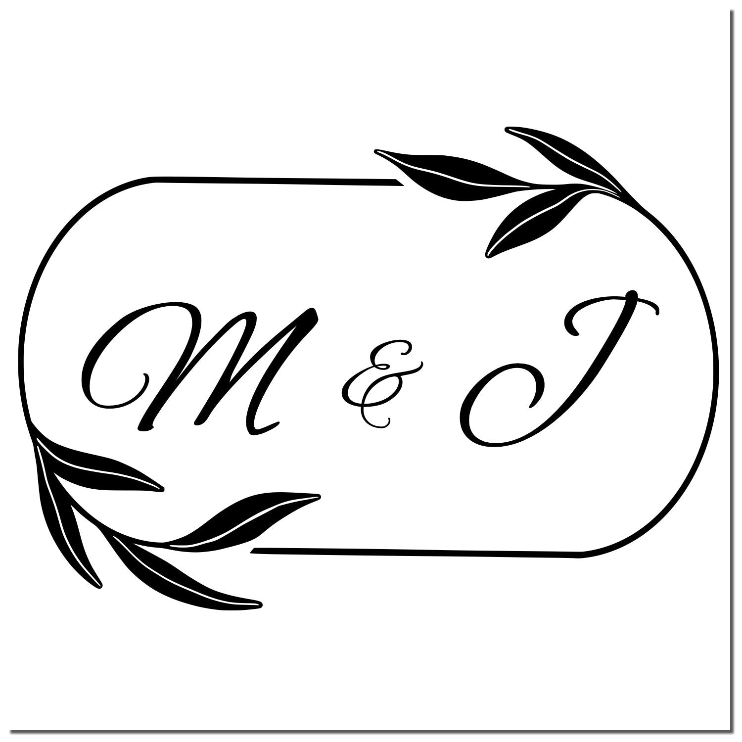 Black M & J monogram stamp seal with oval botanical frame and leaf accents on a white background