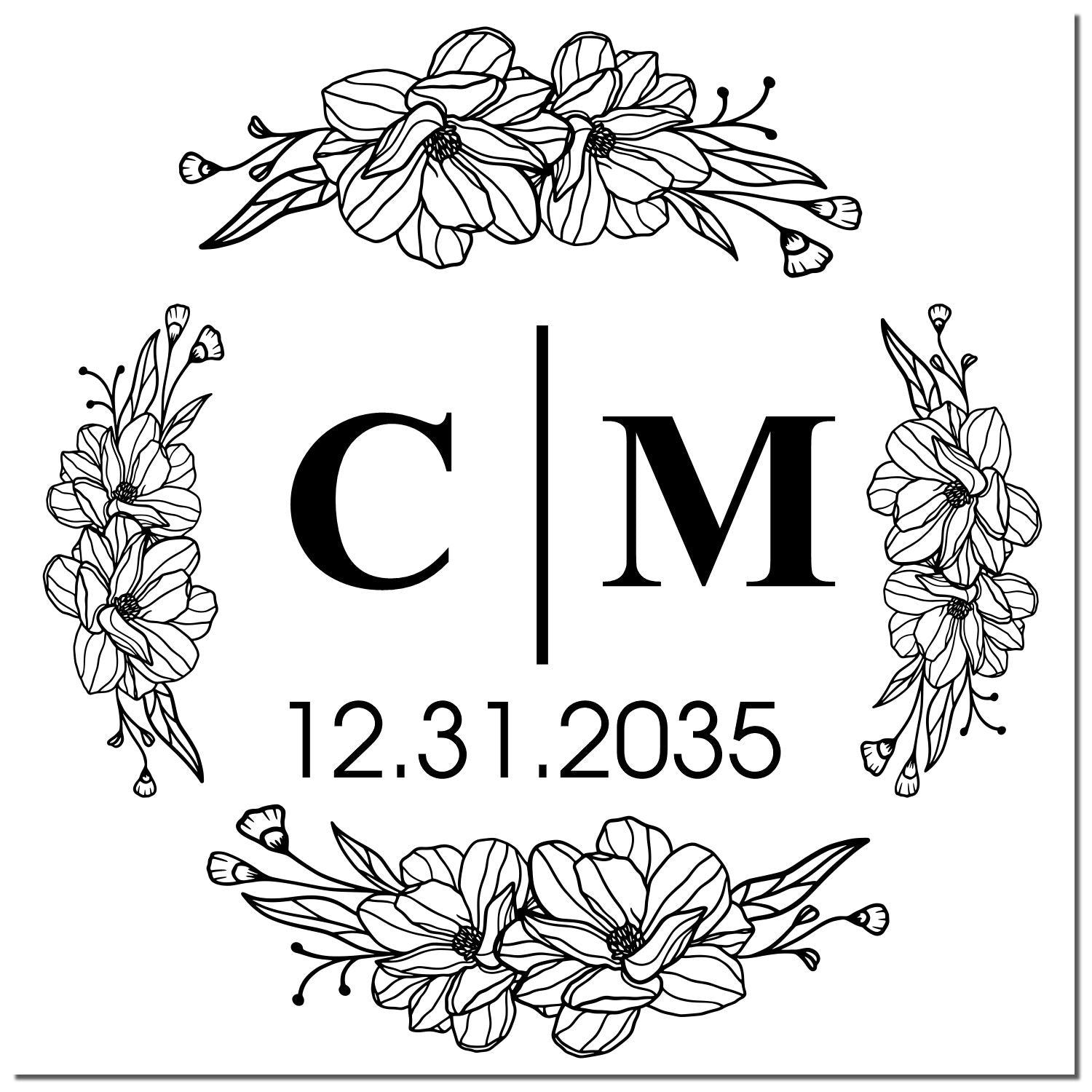 Black floral stamp and seal with initials C|M, date 12.31.2035, and delicate flower line art on white.