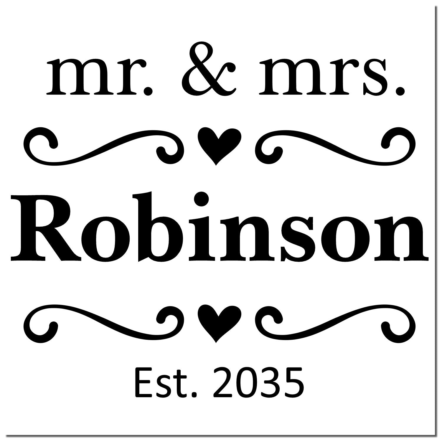 Black custom wedding stamp seal with mr. & mrs. Robinson, hearts, swirls, and Est. 2035 on a white background.