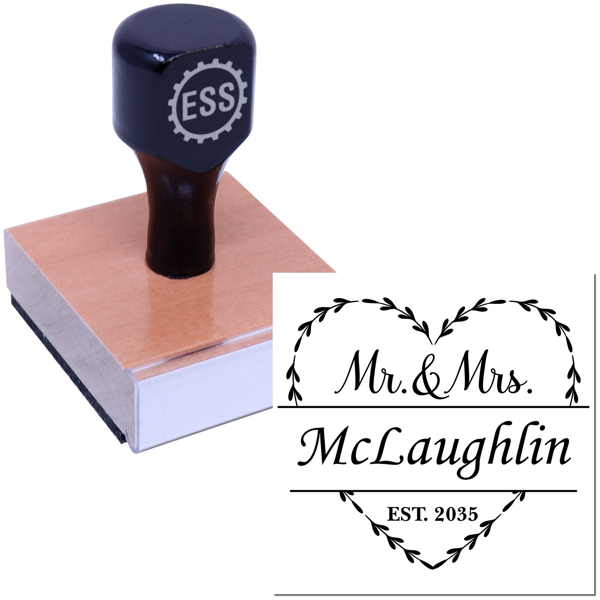 Custom black rubber stamp and wedding seal on wooden block, featuring Mr. & Mrs. McLaughlin in black and white, EST. 2035