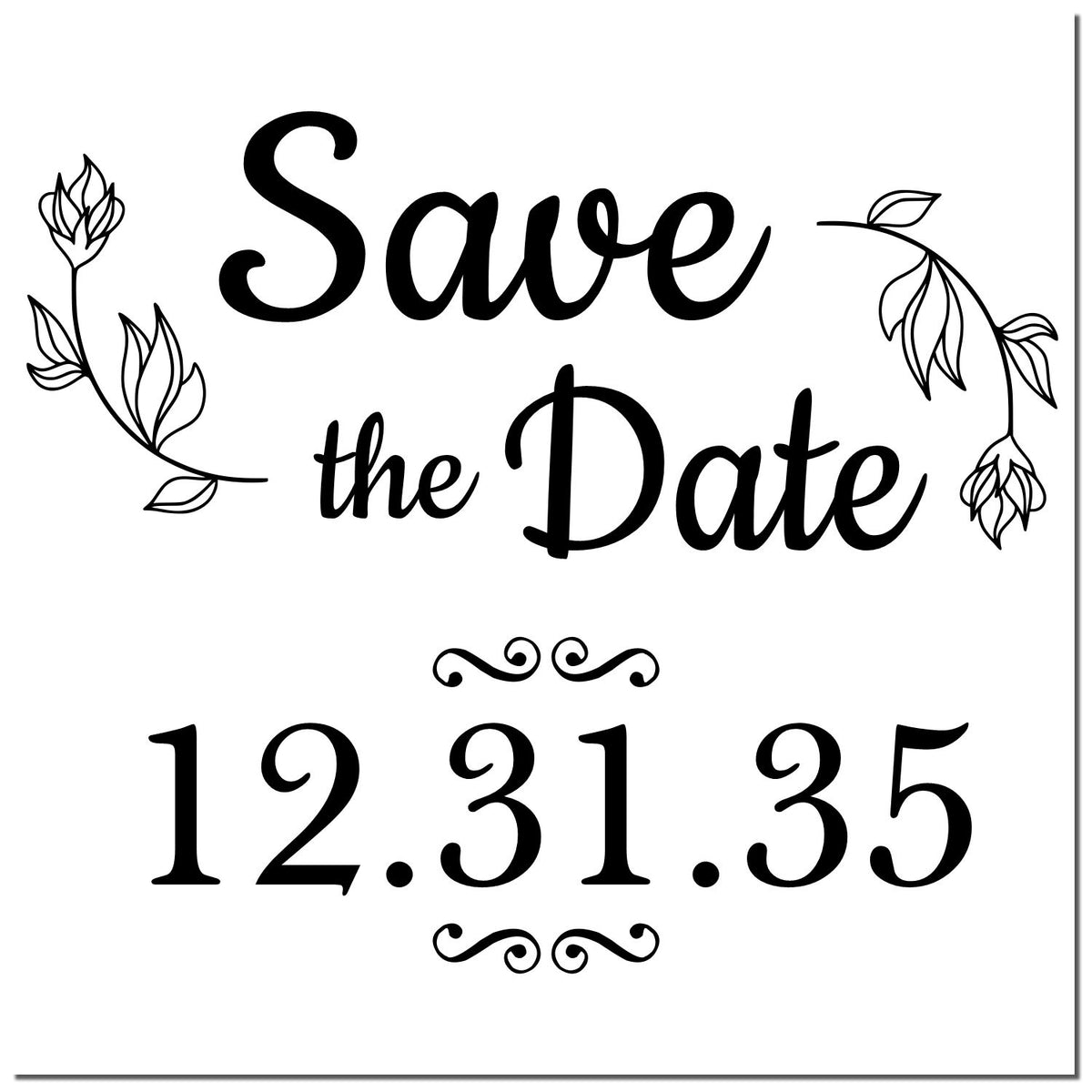Black floral save-the-date stamp and seal design with Save the Date 12.31.35 in black on a white background.