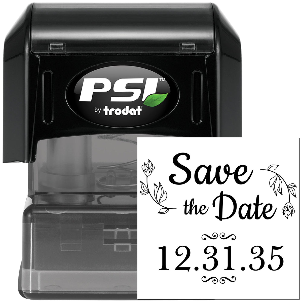 Black PSI by Trodat self-inking stamp with clear base and custom white Save the Date seal insert, floral accents, 12.31.35