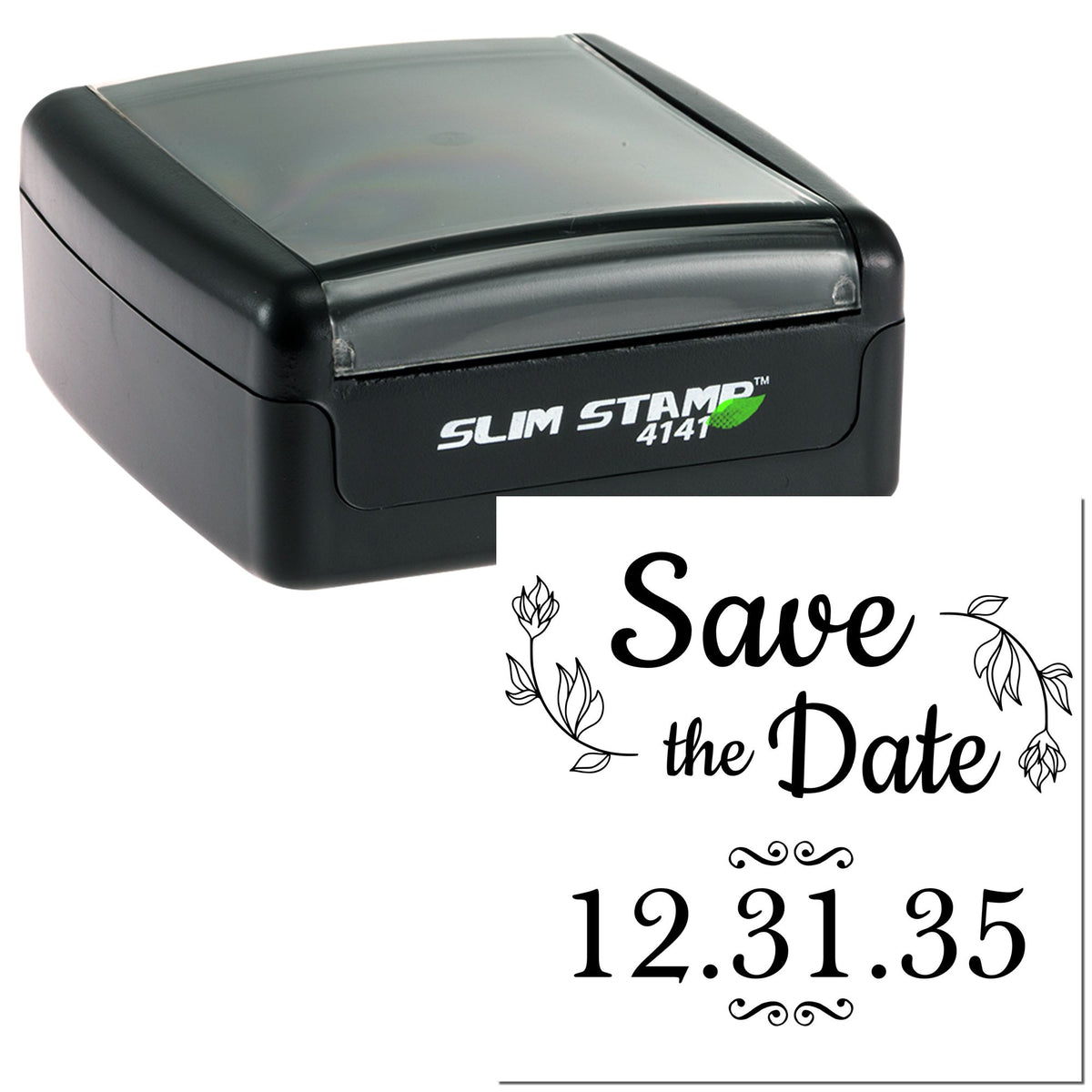 Black self-inking Slim Stamp seal with custom Save the Date design, floral accents, and date 12.31.35.