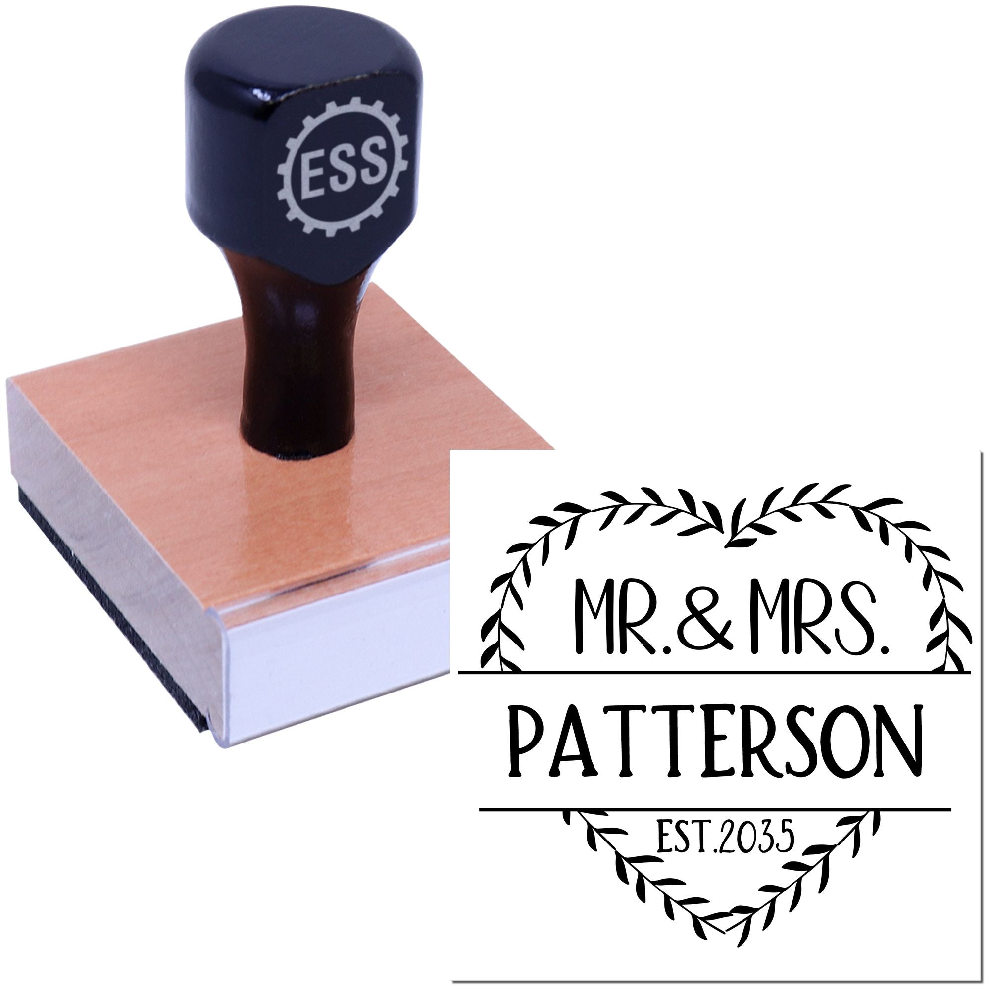 Black custom wedding stamp and seal with ESS logo, wooden block, and floral Mr. & Mrs. Patterson design in black