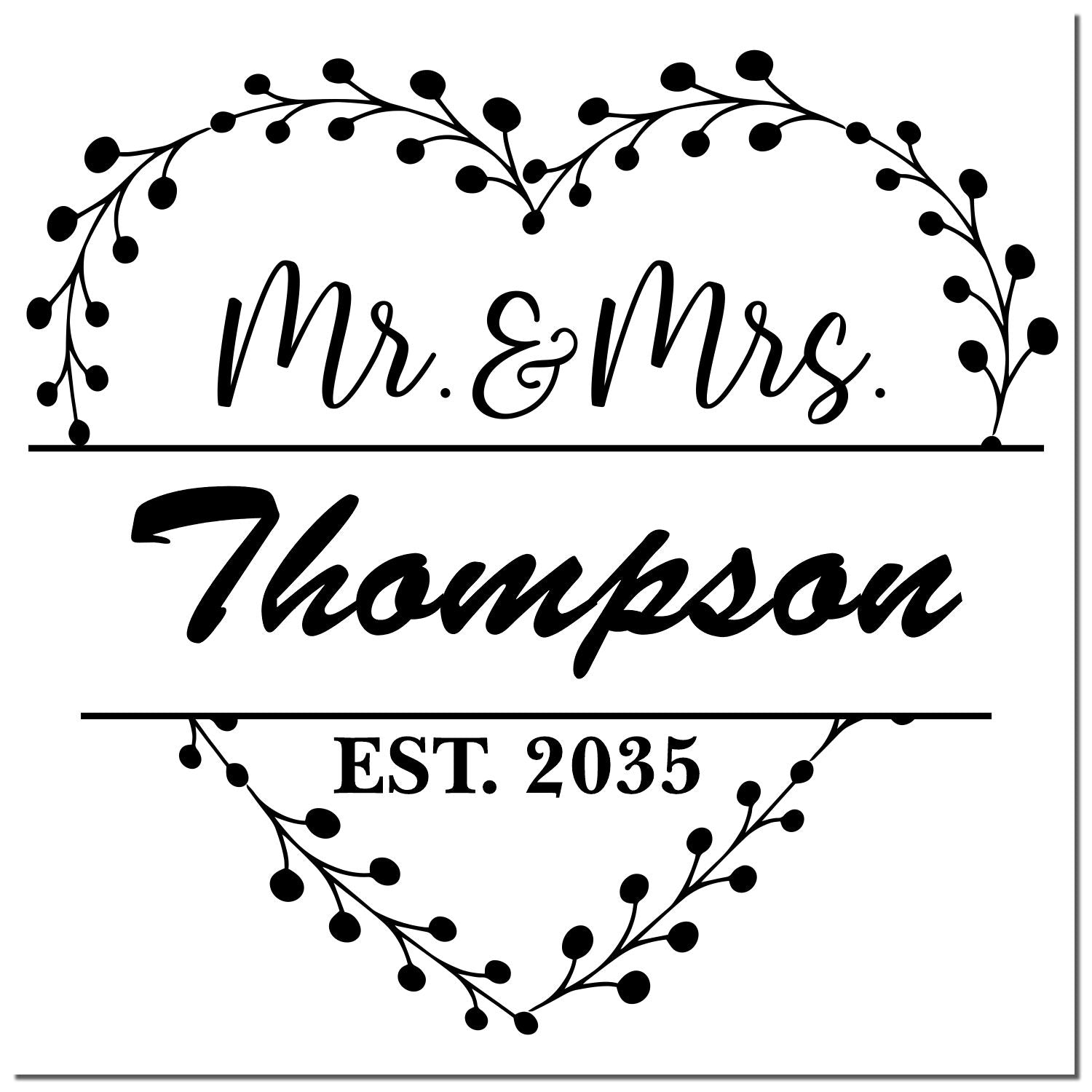 Black wedding stamp/seal design with heart wreath, Mr. & Mrs. Thompson, EST. 2035.