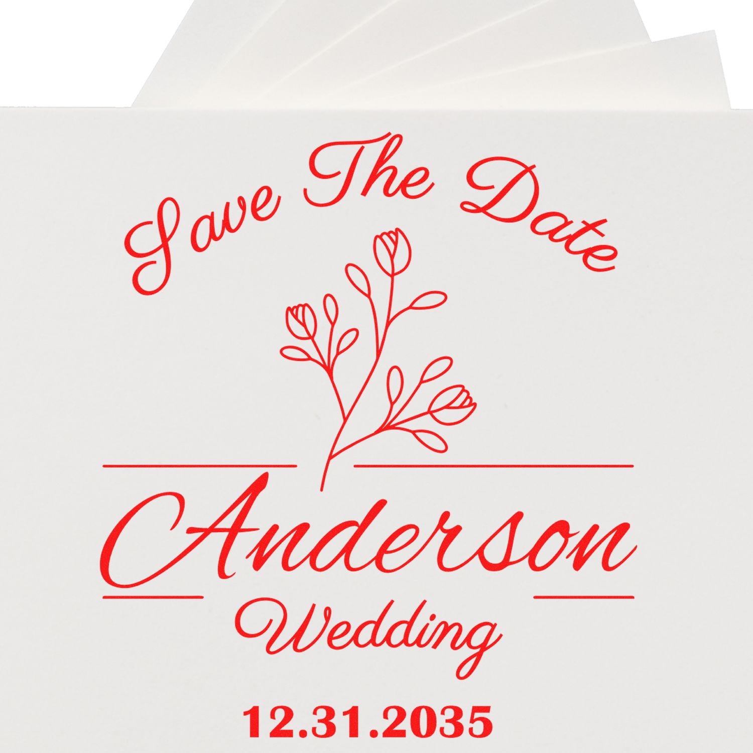 Red wedding stamp seal reading Save The Date Anderson Wedding 12.31.2035 with floral line art on white.