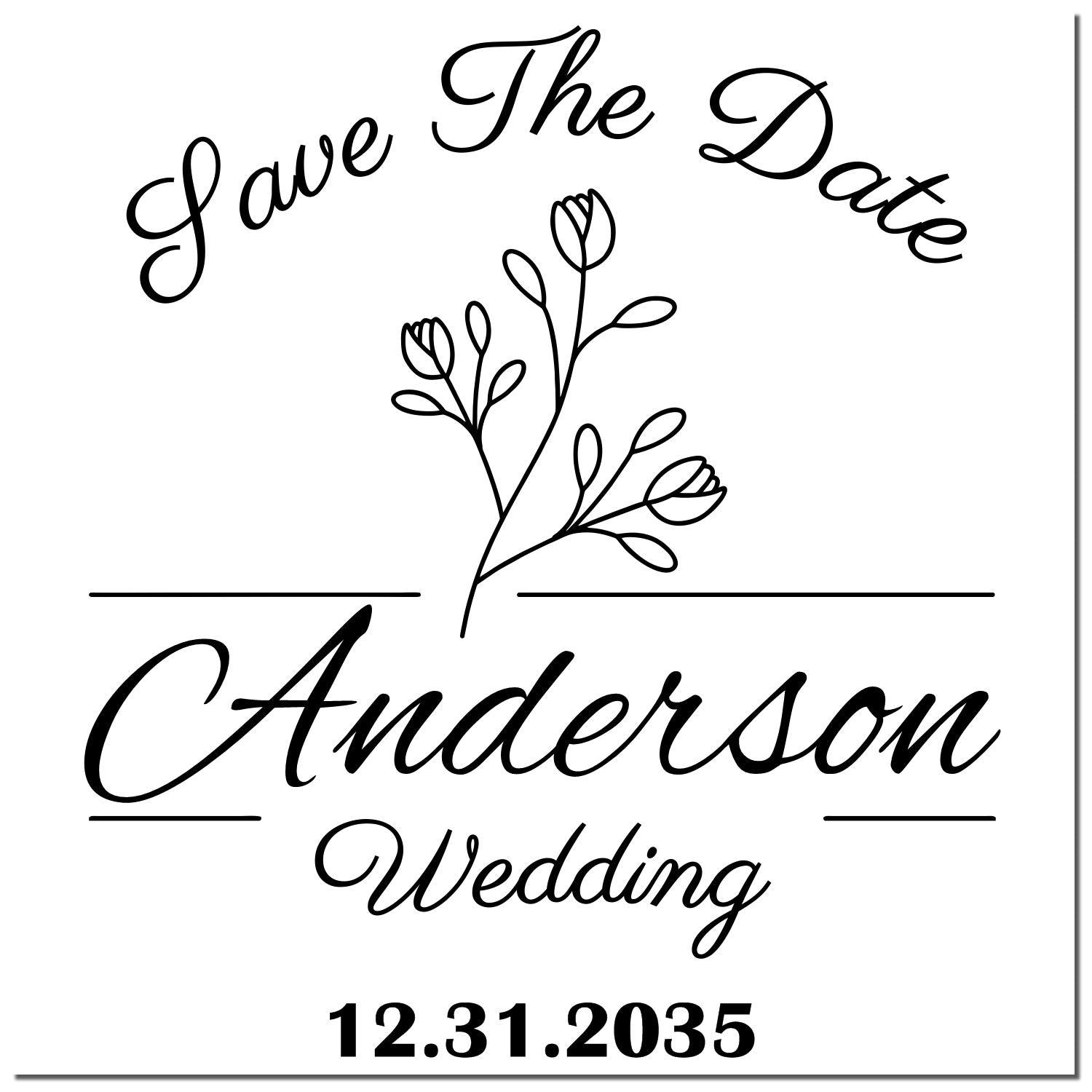 Custom black-and-white wedding stamp and seal with floral line art, Save The Date Anderson Wedding, 12.31.2035.