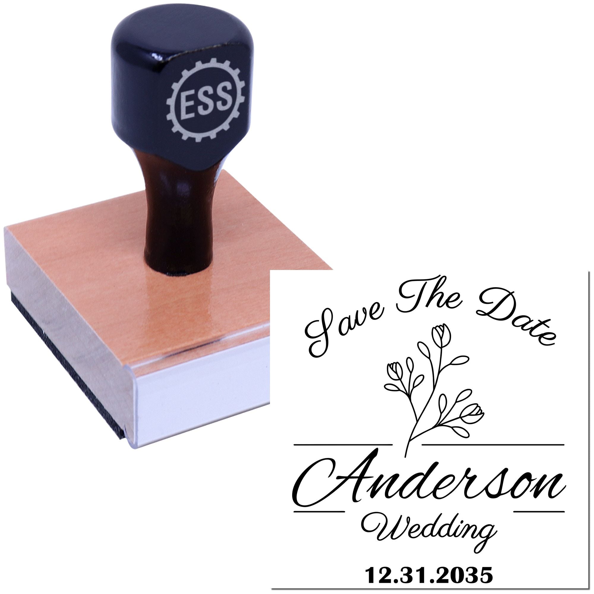 Navy ESS custom stamp on wood block beside black script wedding seal design with floral art and date 12.31.2035