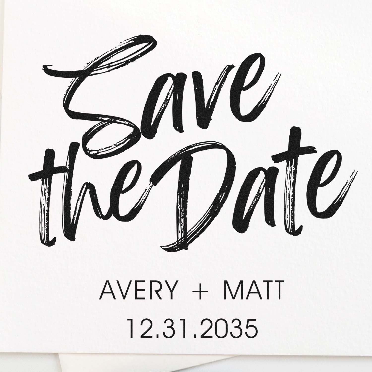 Black save-the-date stamp/seal design with bold script, Avery + Matt, and date 12.31.2035 on a white background.