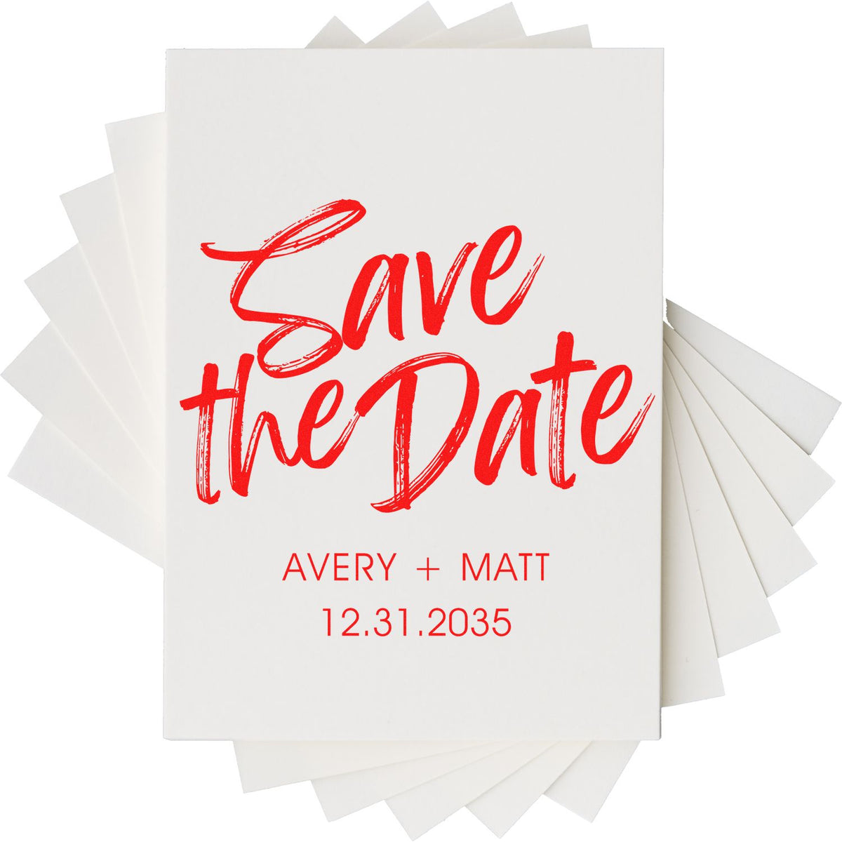 White wedding stamp and seal set with bold red Save the Date, Avery + Matt, and 12.31.2035 on white cards.
