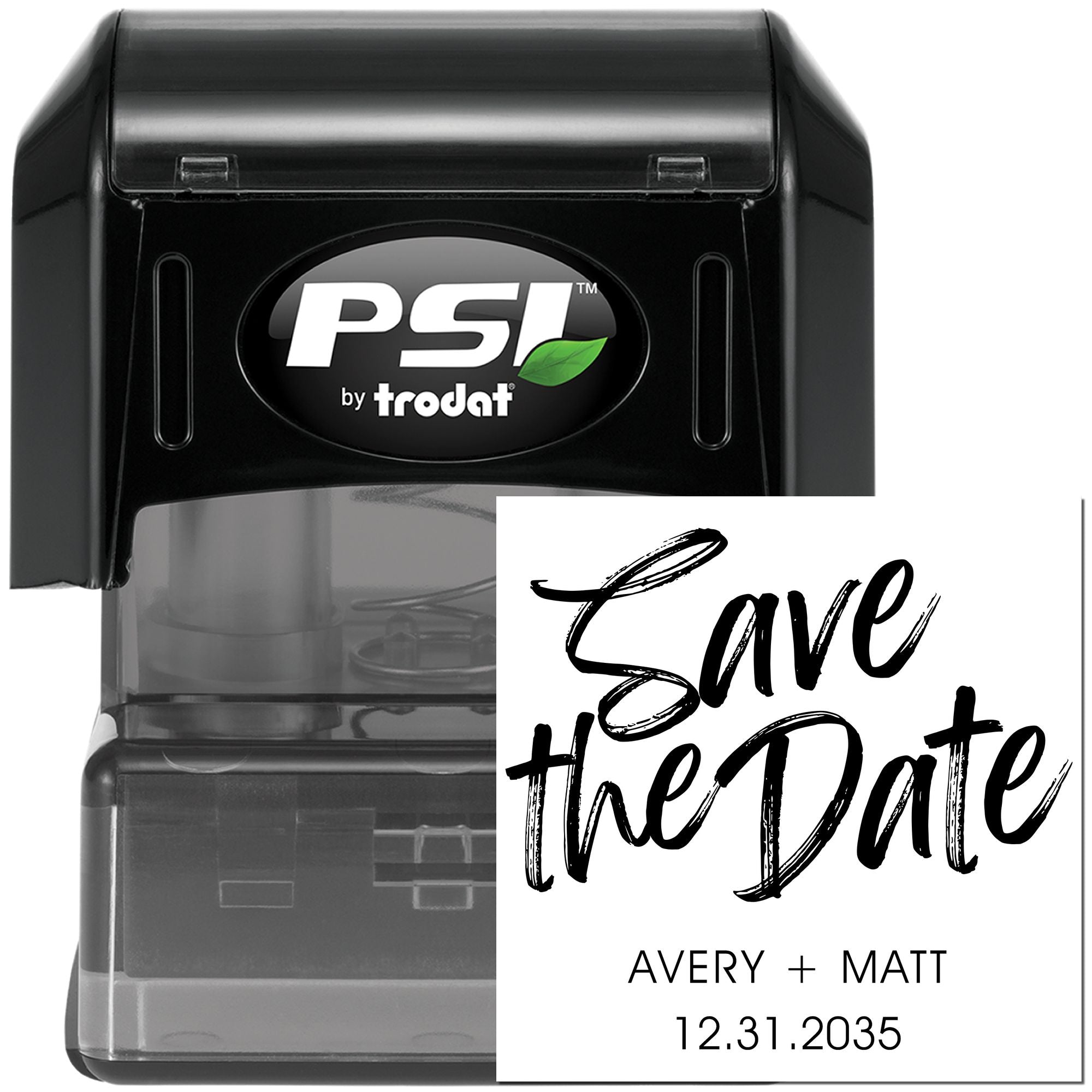 Black PSI by Trodat self-inking stamp with clear case and white Save the Date seal insert
