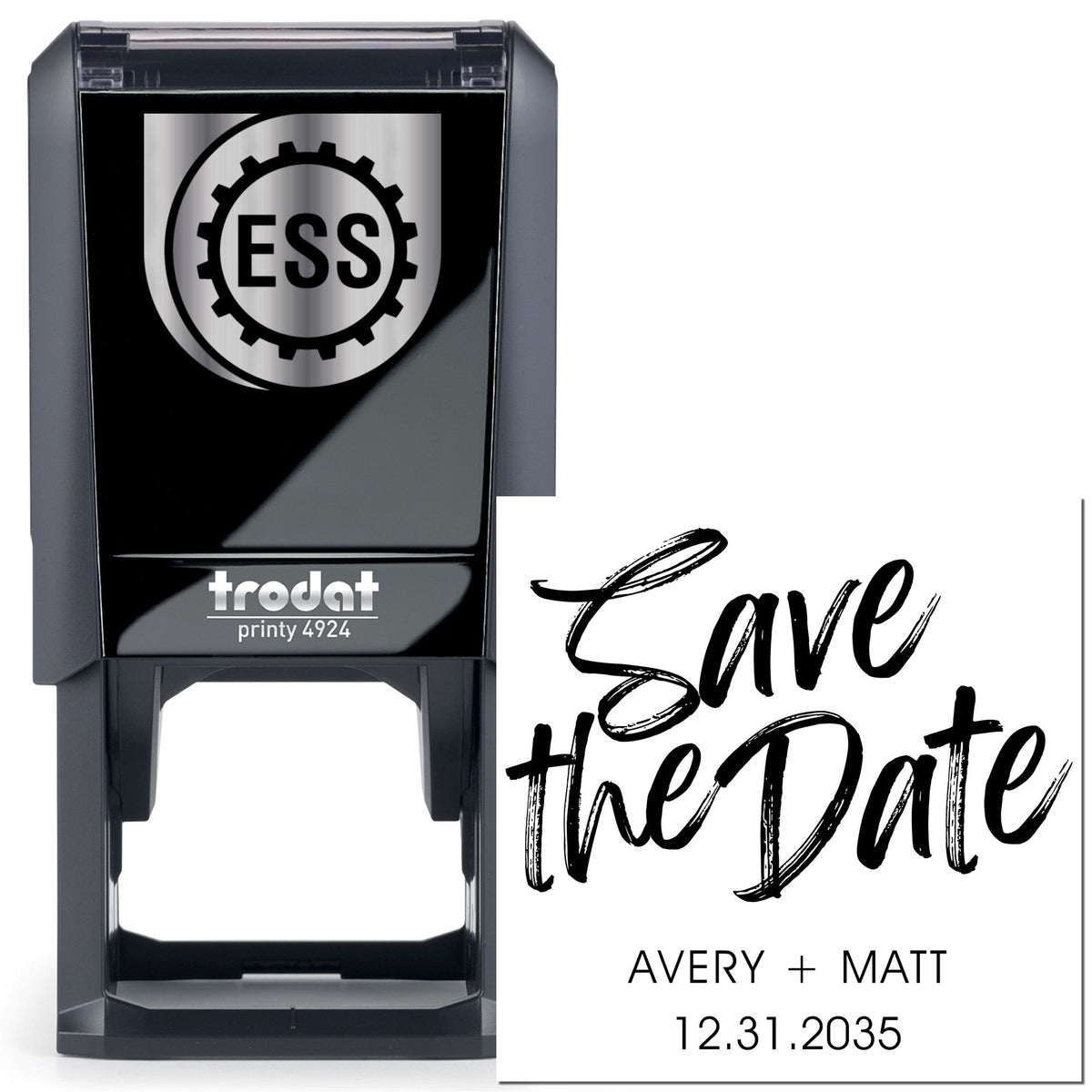 Black and silver self-inking Trodat stamp with ESS gear seal and white Save the Date card, Avery + Matt, 12.31.2035
