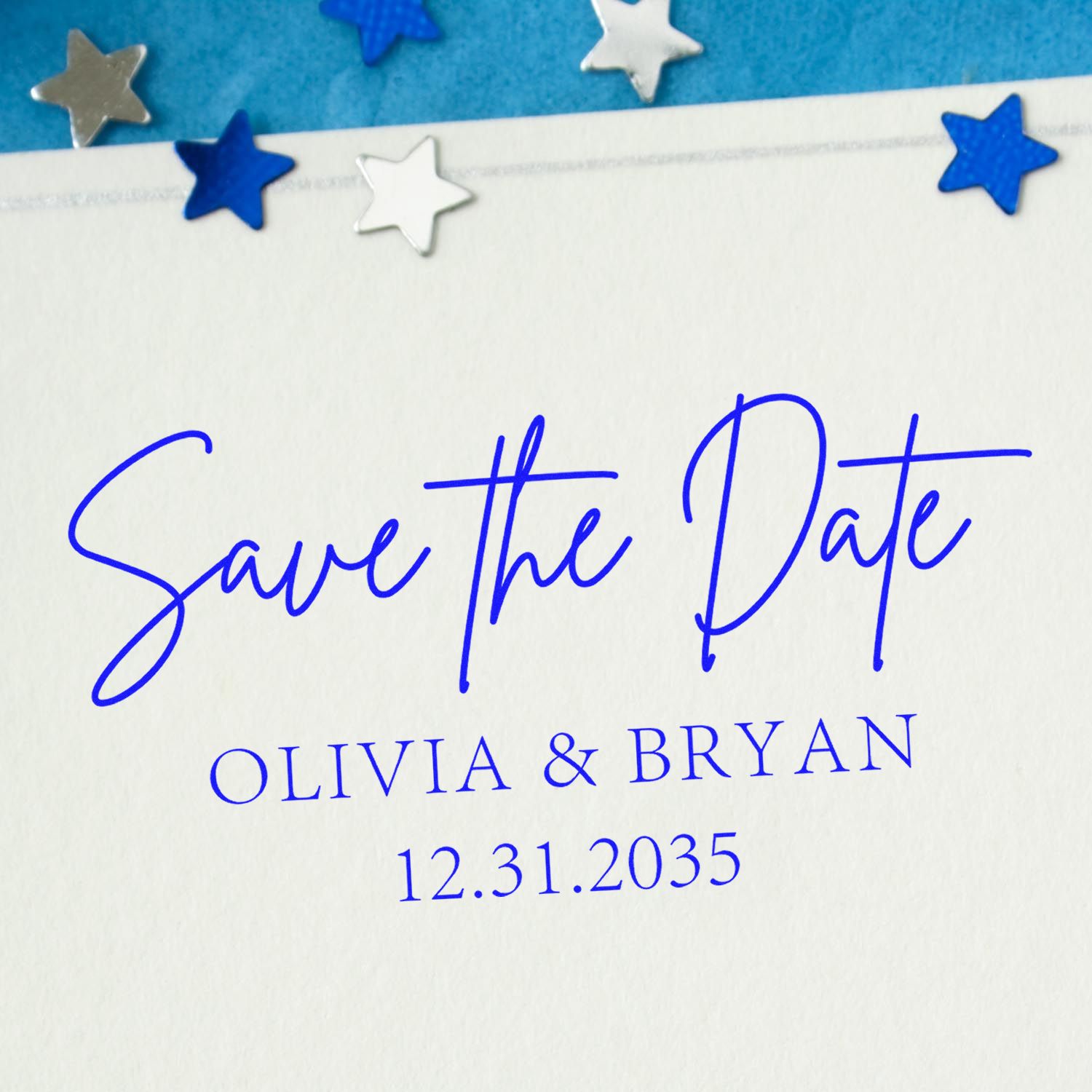 Blue custom save-the-date stamp and seal with stars, Olivia & Bryan, 12.31.2035