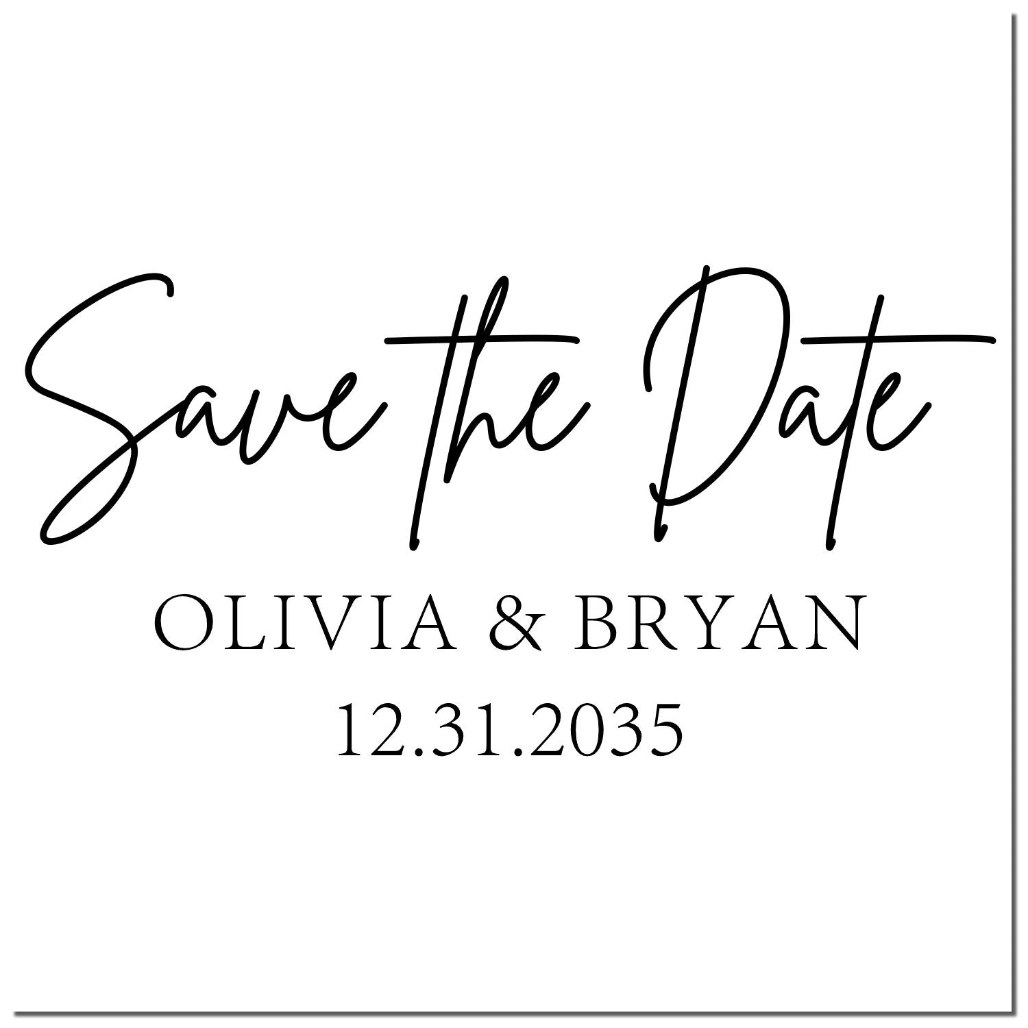 Black custom stamp and seal design with Save the Date, Olivia & Bryan, and 12.31.2035 on a white background.