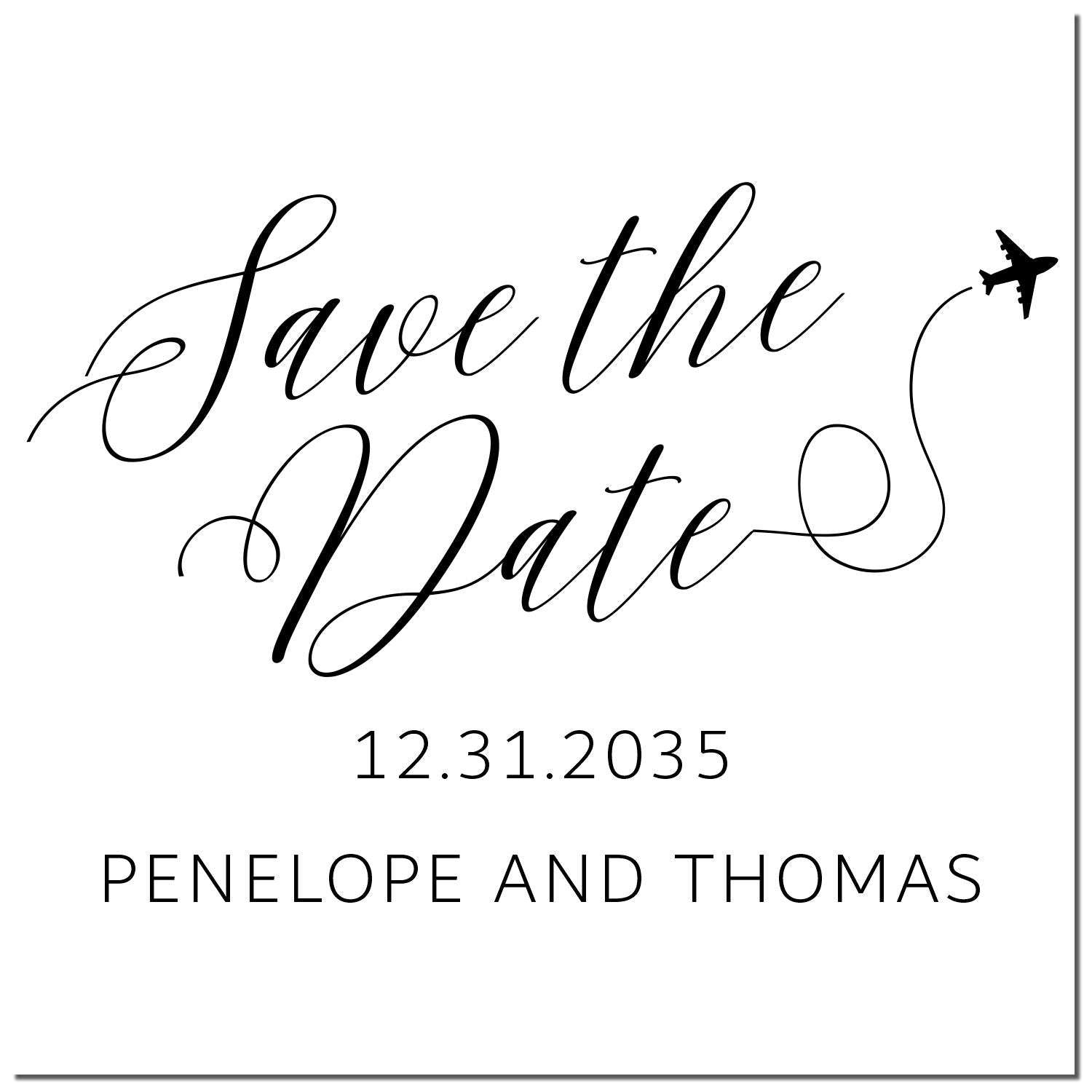 Black calligraphy save-the-date stamp and seal design with airplane graphic, date 12.31.2035, for Penelope and Thomas on white.