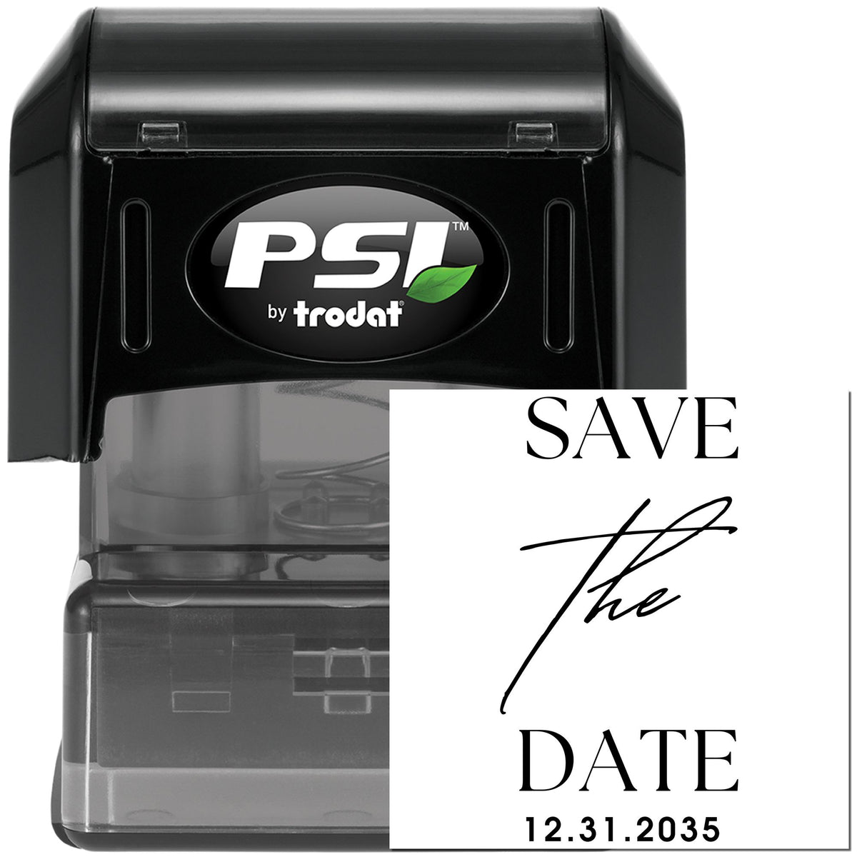 Black PSI by Trodat self-inking date stamp and seal with Save the Date design.