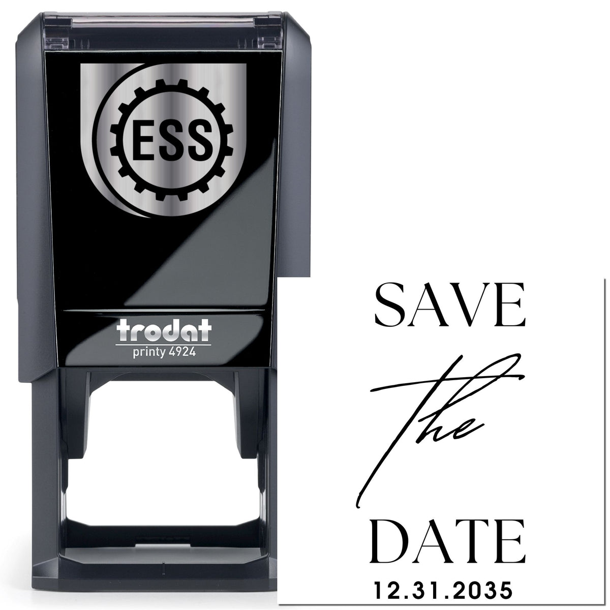 Black Trodat Printy 4924 self-inking stamp and seal with ESS logo, Save the Date impression, signature, and 12.31.2035 date.