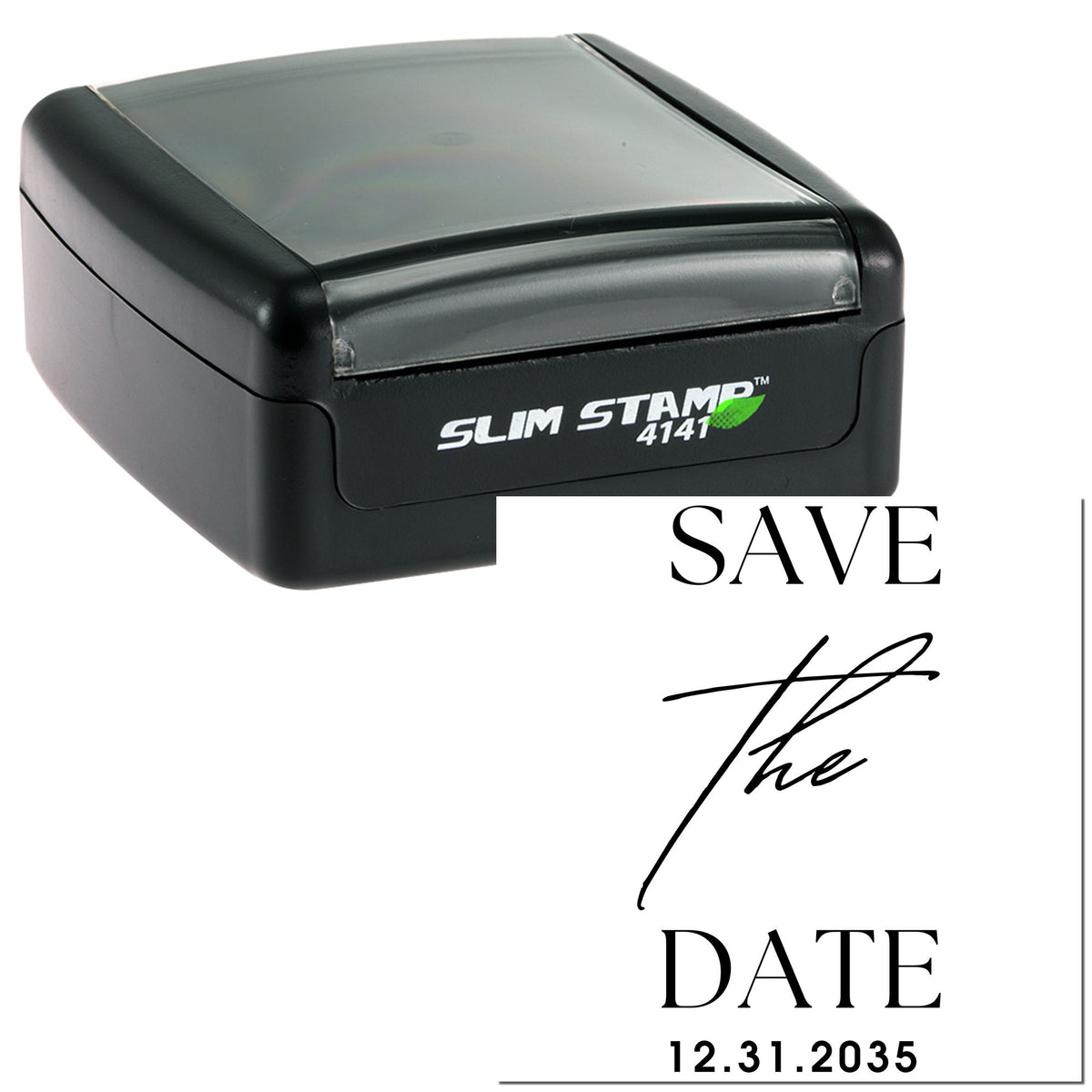 Black self-inking stamp and seal with silver-gray top, shown beside a "Save the Date" impression and 12.31.2035.