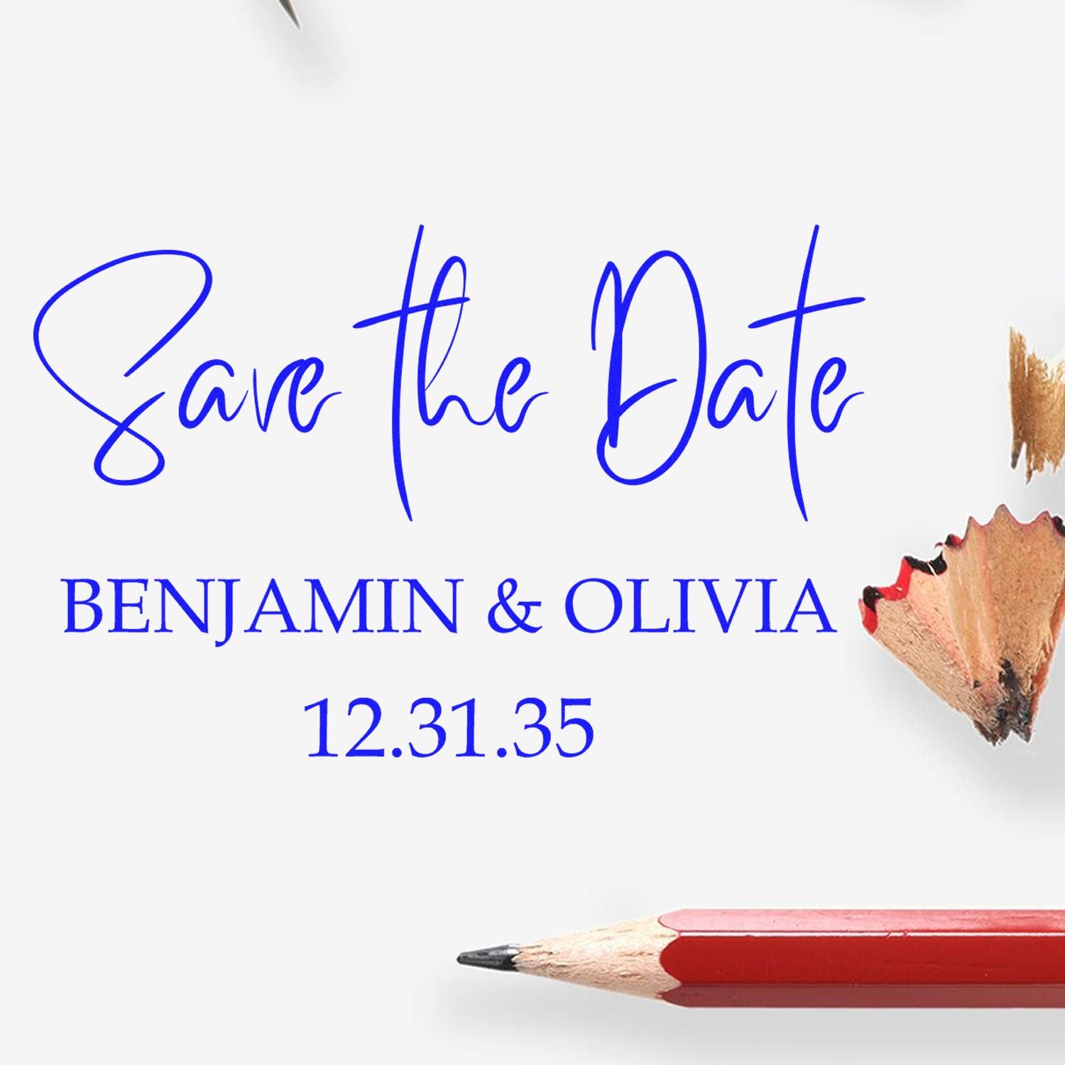 Blue custom stamp and seal save-the-date design with Benjamin & Olivia and 12.31.35, accented by a red pencil on white.