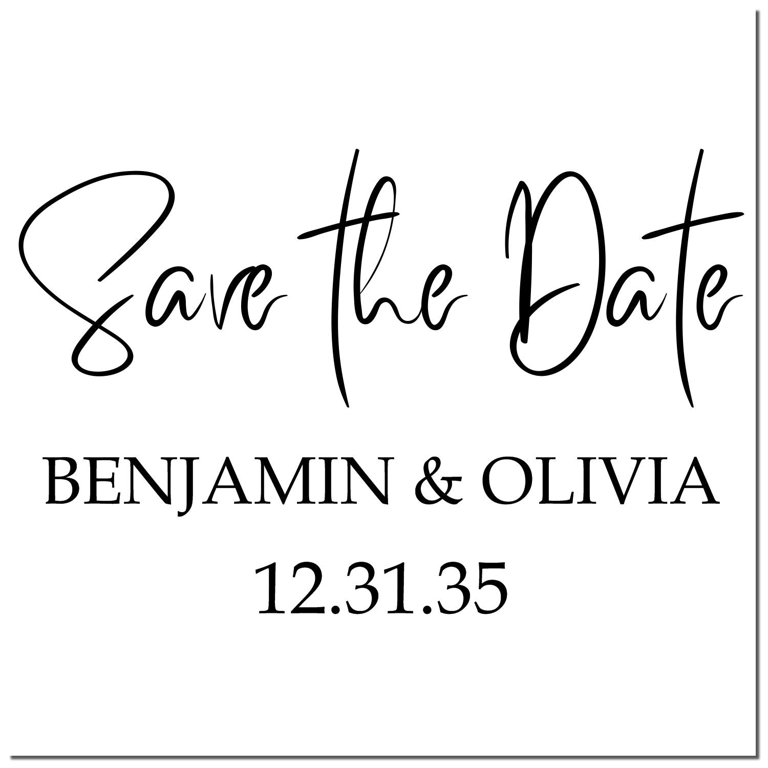 Black custom wedding stamp reading Save the Date, with Benjamin & Olivia and date 12.31.35 on a white background.
