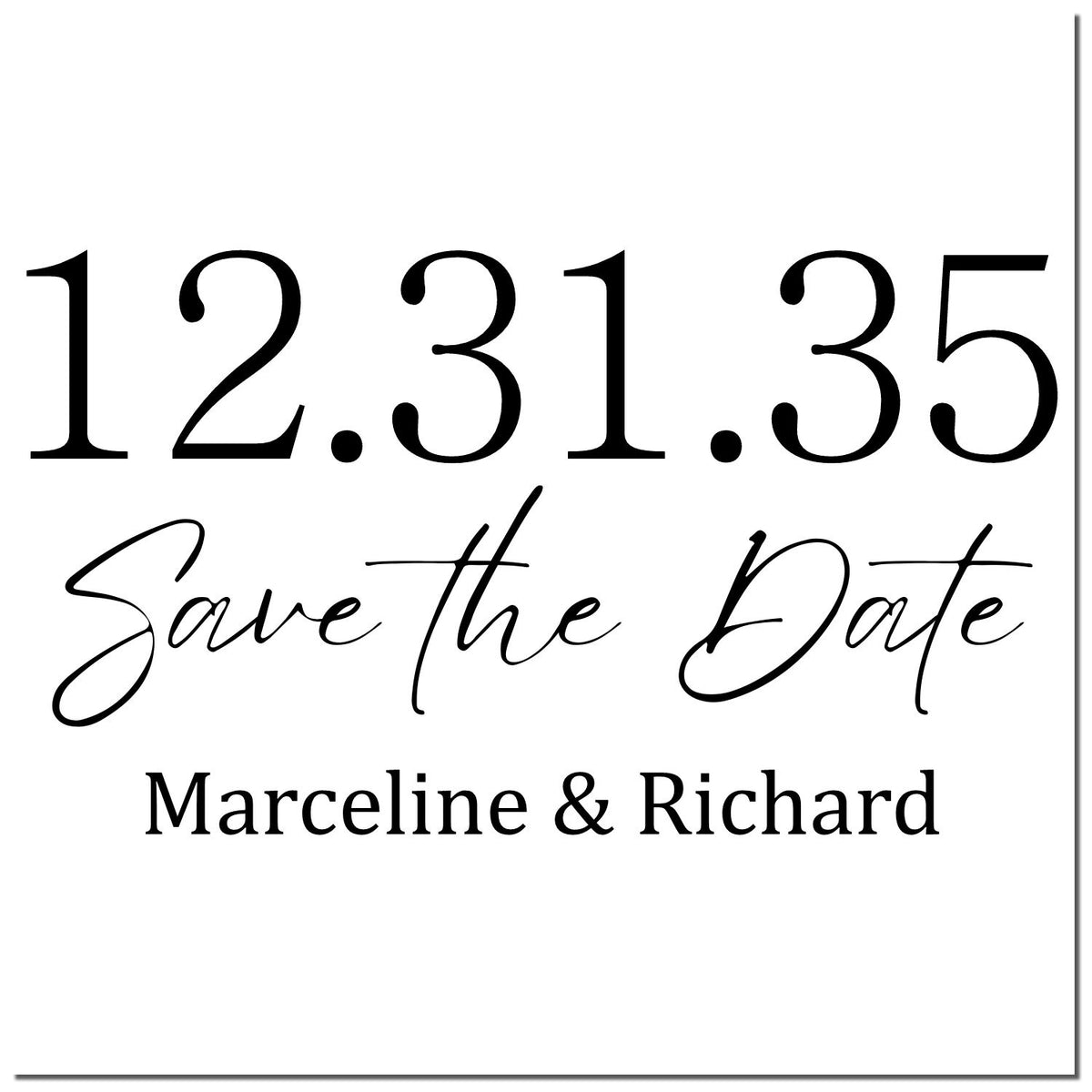 Black custom stamp/seal design on white background with 12.31.35, Save the Date, and Marceline & Richard.