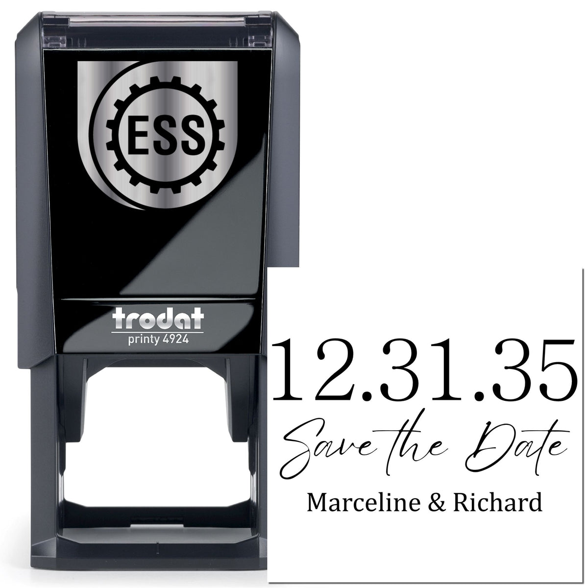 Black Trodat self-inking stamp and seal with ESS logo, date stamp 12.31.35, and Save the Date for Marceline & Richard.
