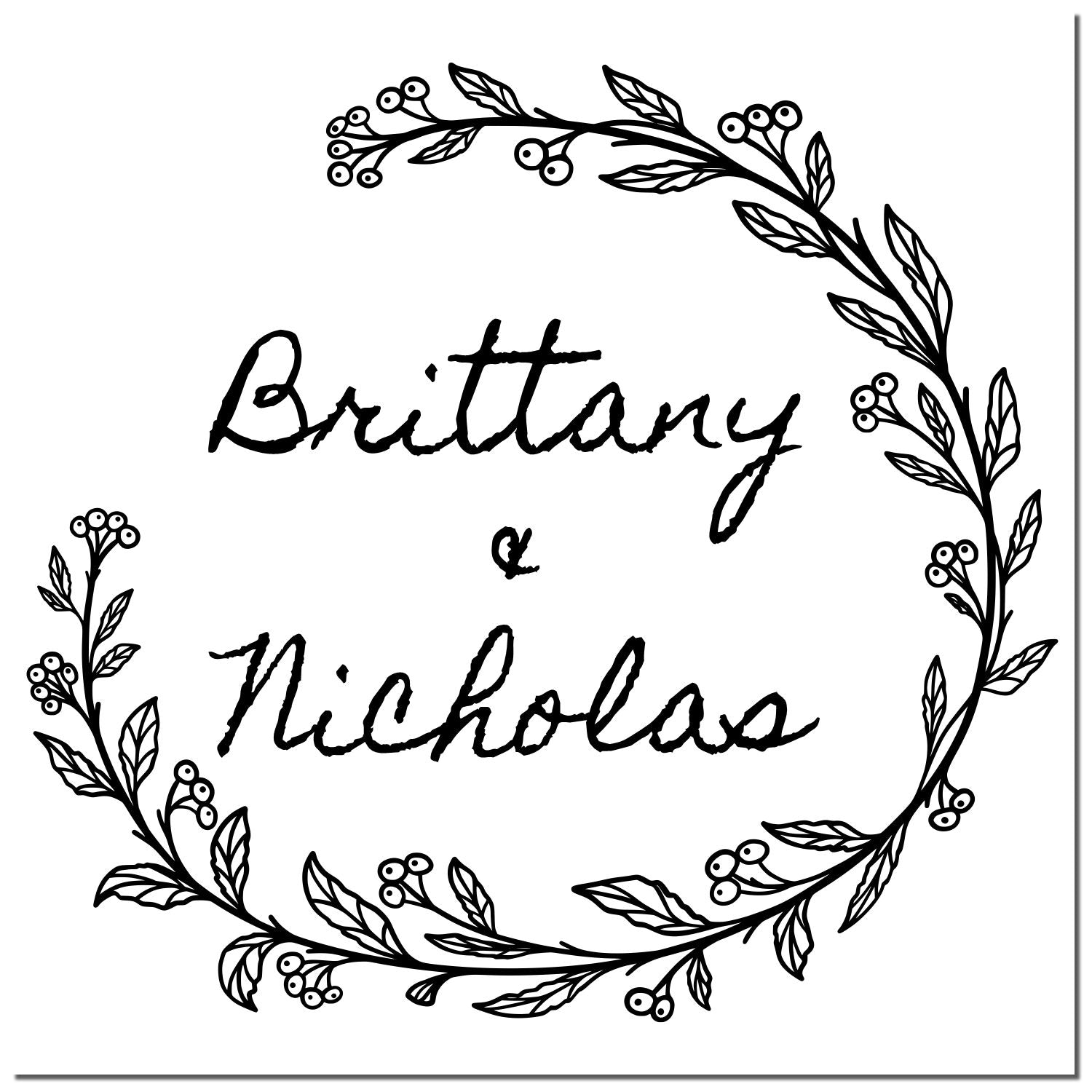 Black floral wreath wedding stamp seal with handwritten Brittany & Nicholas text, delicate leaves and berries.