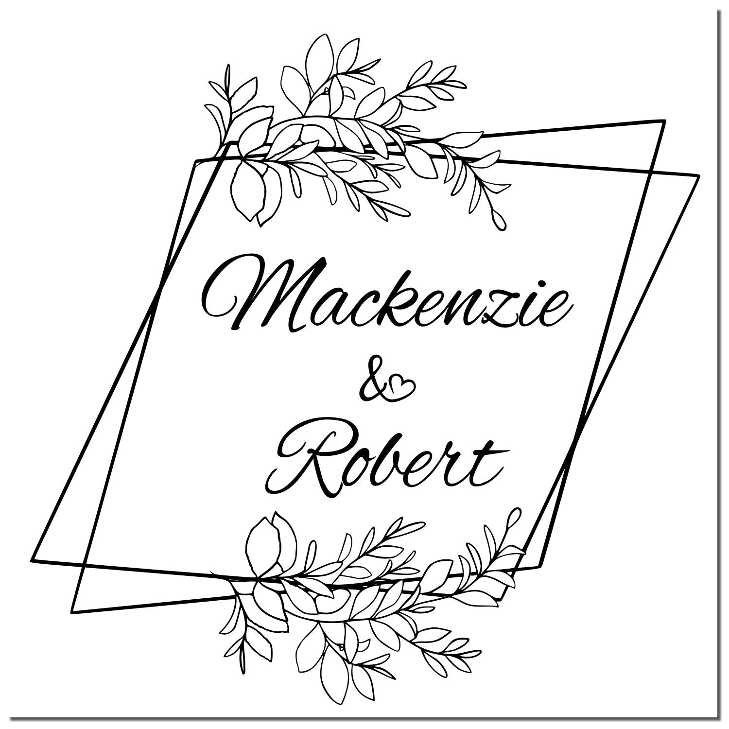 Black wedding stamp seal with leafy floral frame and overlapping squares, featuring Mackenzie & Robert in script.