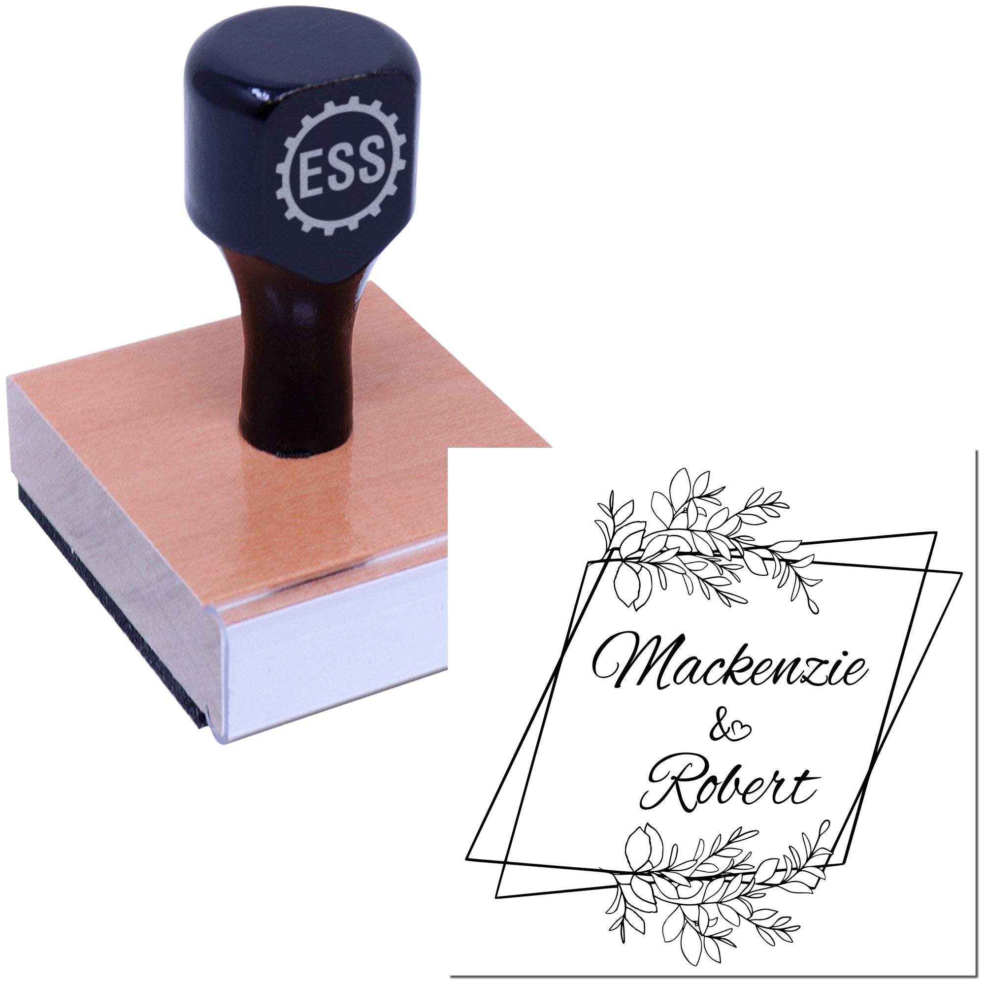 Custom black rubber stamp on wooden block with floral wedding seal reading Mackenzie & Robert.
