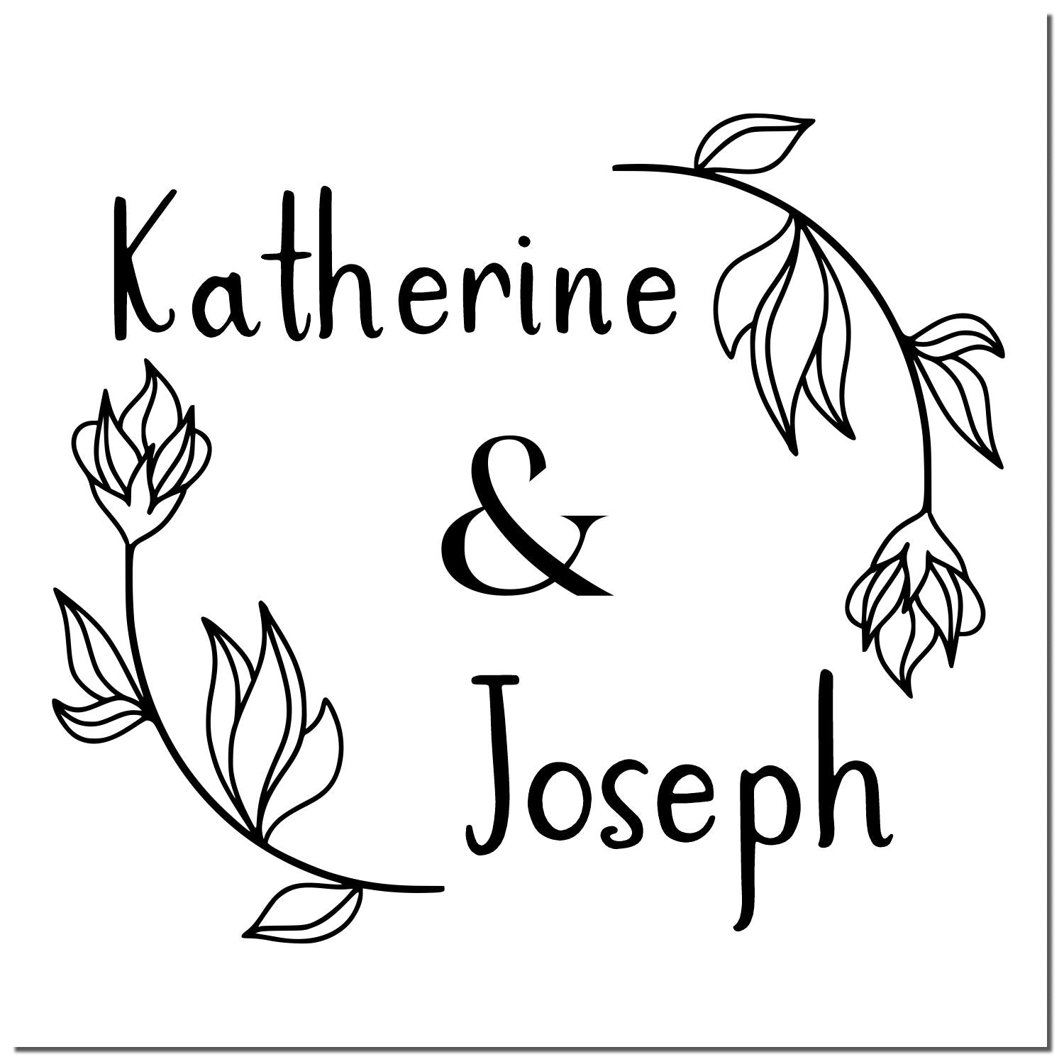Black custom stamp seal with Katherine & Joseph in a floral wreath design on a white background.