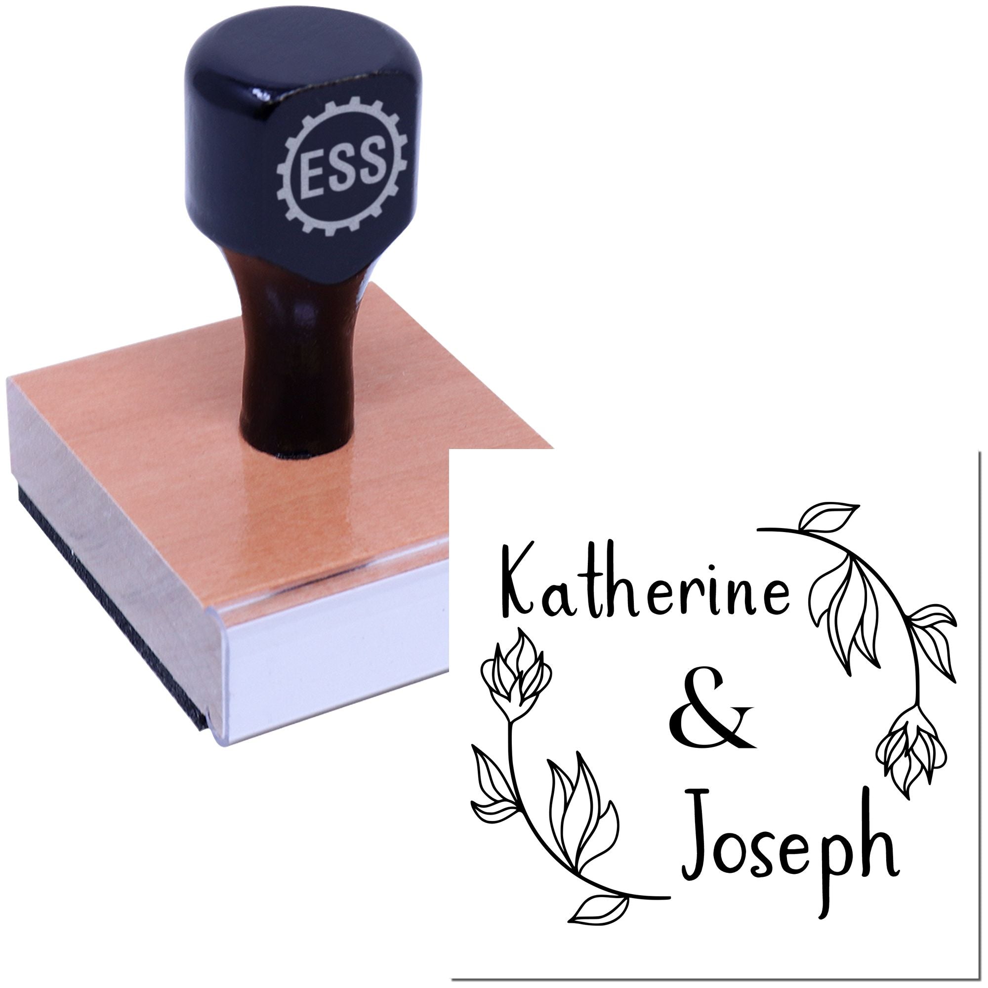 Black self-inking stamp with copper base and ESS logo beside custom floral seal for Katherine & Joseph