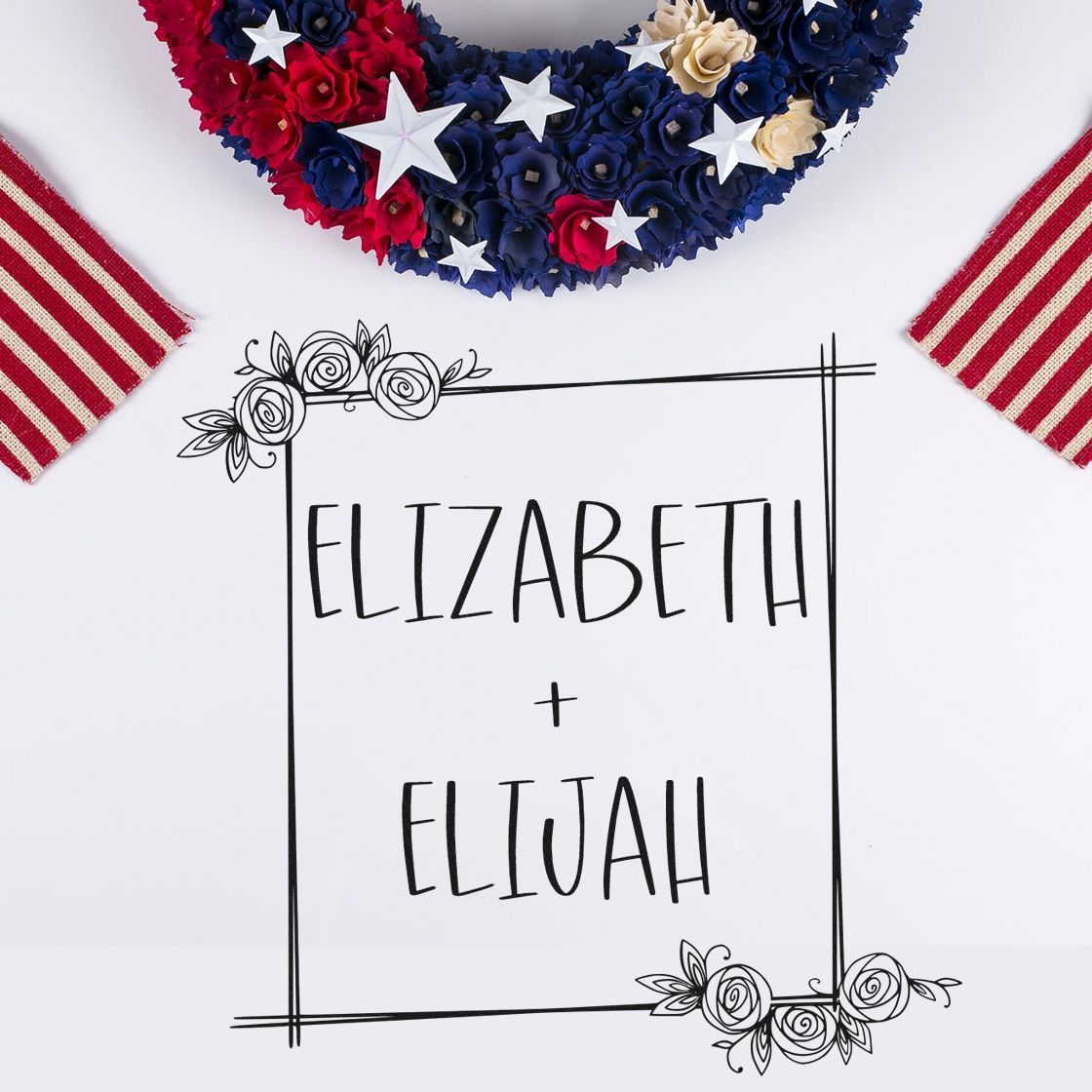 Custom stamp and seal for Elizabeth + Elijah, with floral border and red, white and blue patriotic accents.