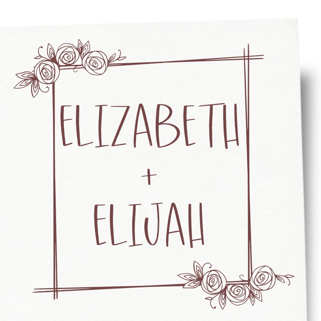 Burgundy custom stamp and seal design with floral rose corners, square frame, and names Elizabeth + Elijah.