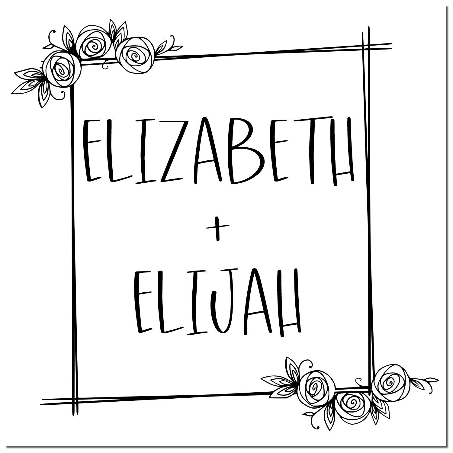 Black floral stamp and seal design with framed names Elizabeth + Elijah in hand-drawn lettering.