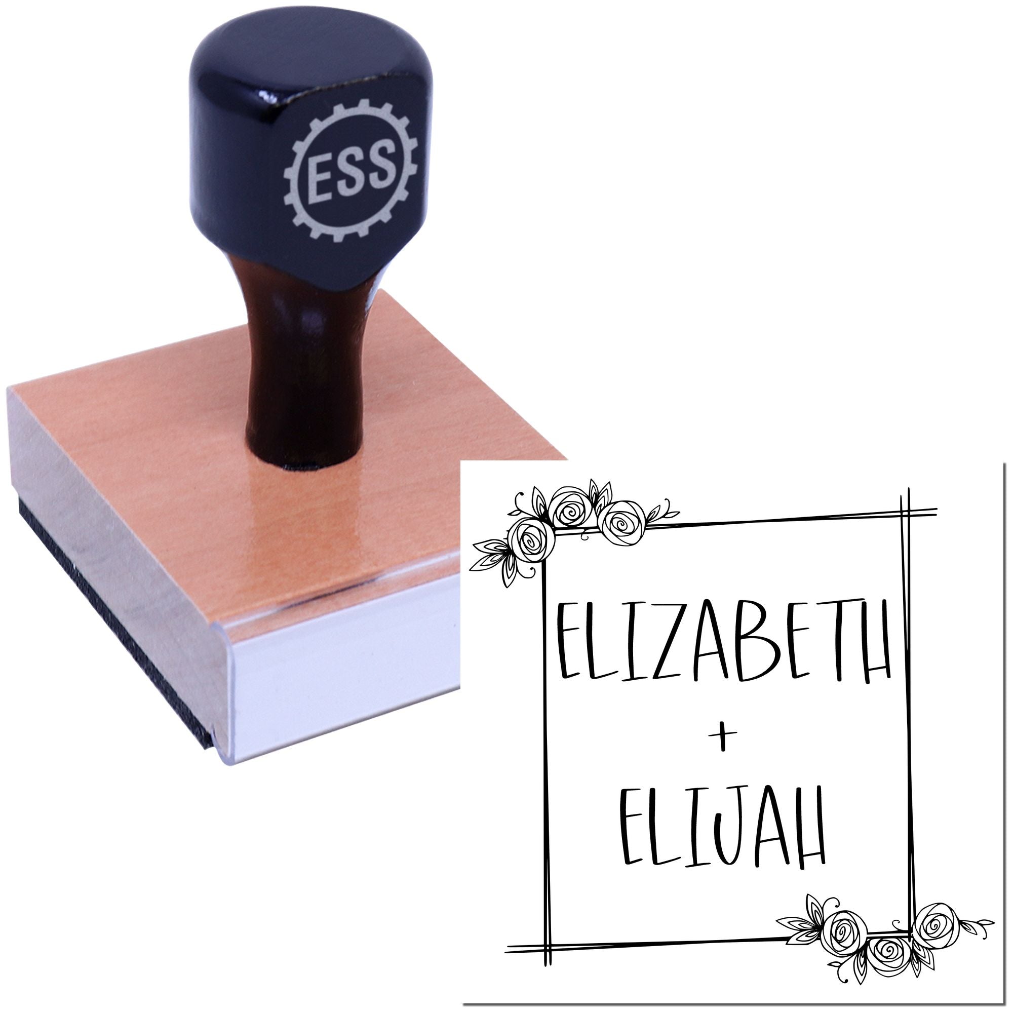 Navy custom stamp and seal with ESS logo on wooden base, featuring floral wedding design and names Elisabeth and Elijah.
