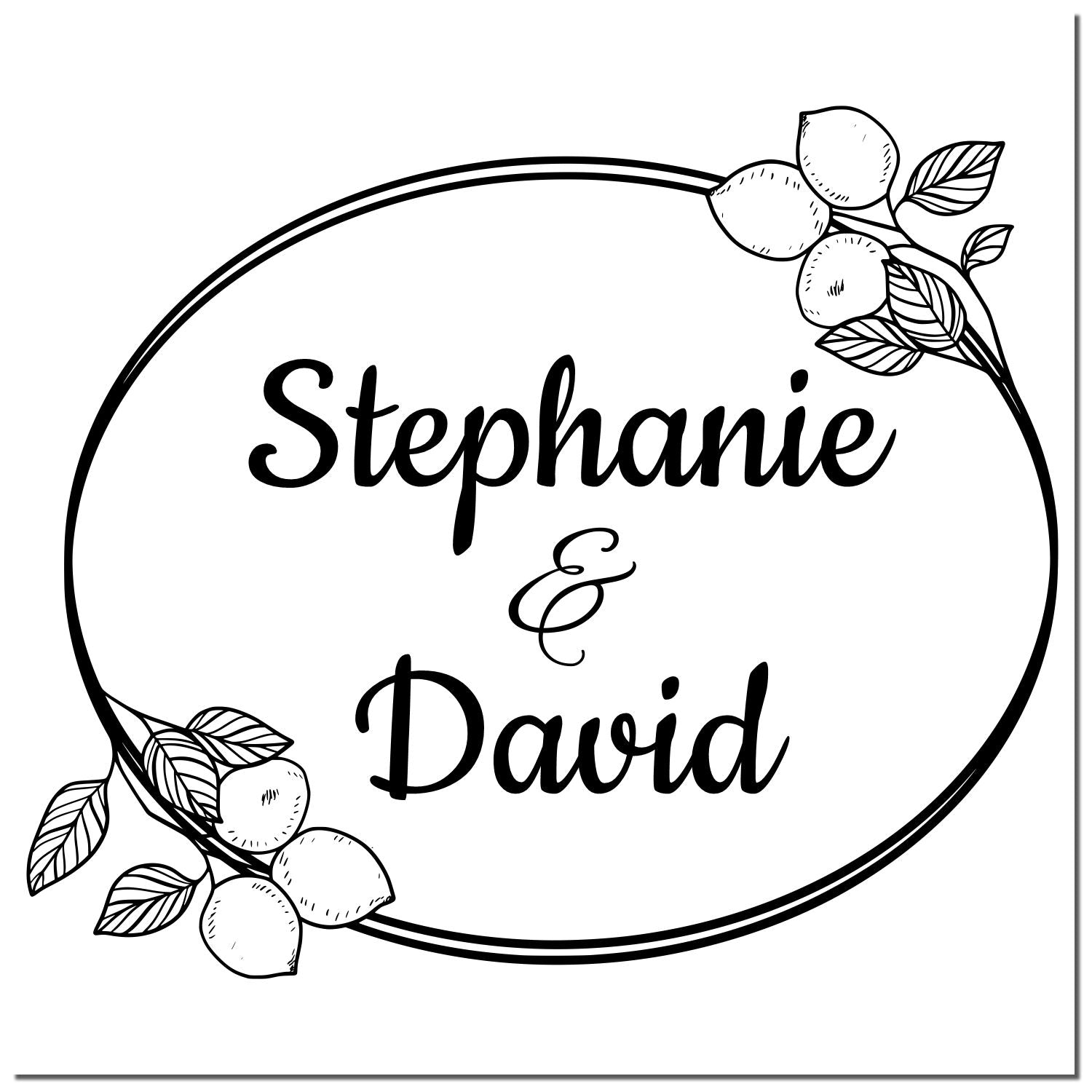 Black-and-white custom stamp seal with lemon branches and leaves framing Stephanie & David in a circle.