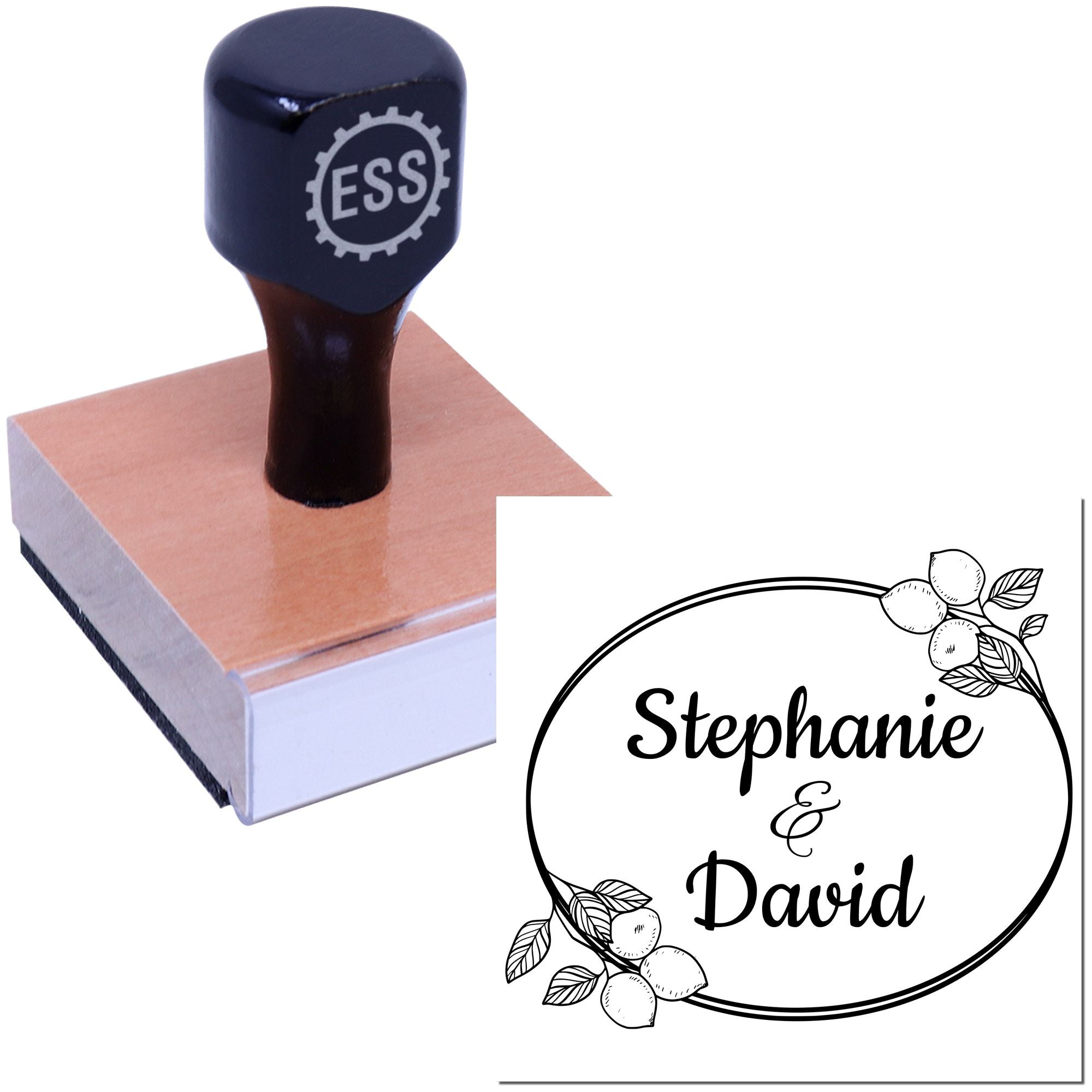 Black ESS rubber stamp beside a custom wedding seal for Stephanie & David, with floral oval border on white.