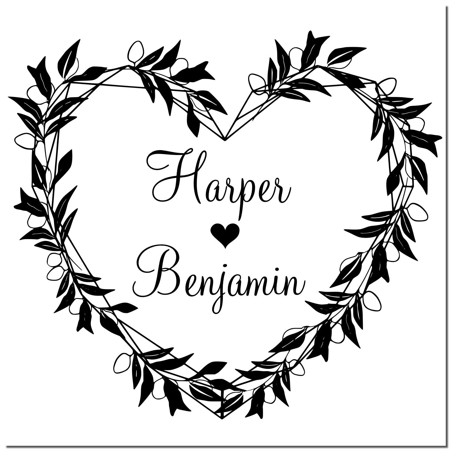 Black personalized stamp seal with leafy heart wreath, Harper and Benjamin names, and small heart on white background.