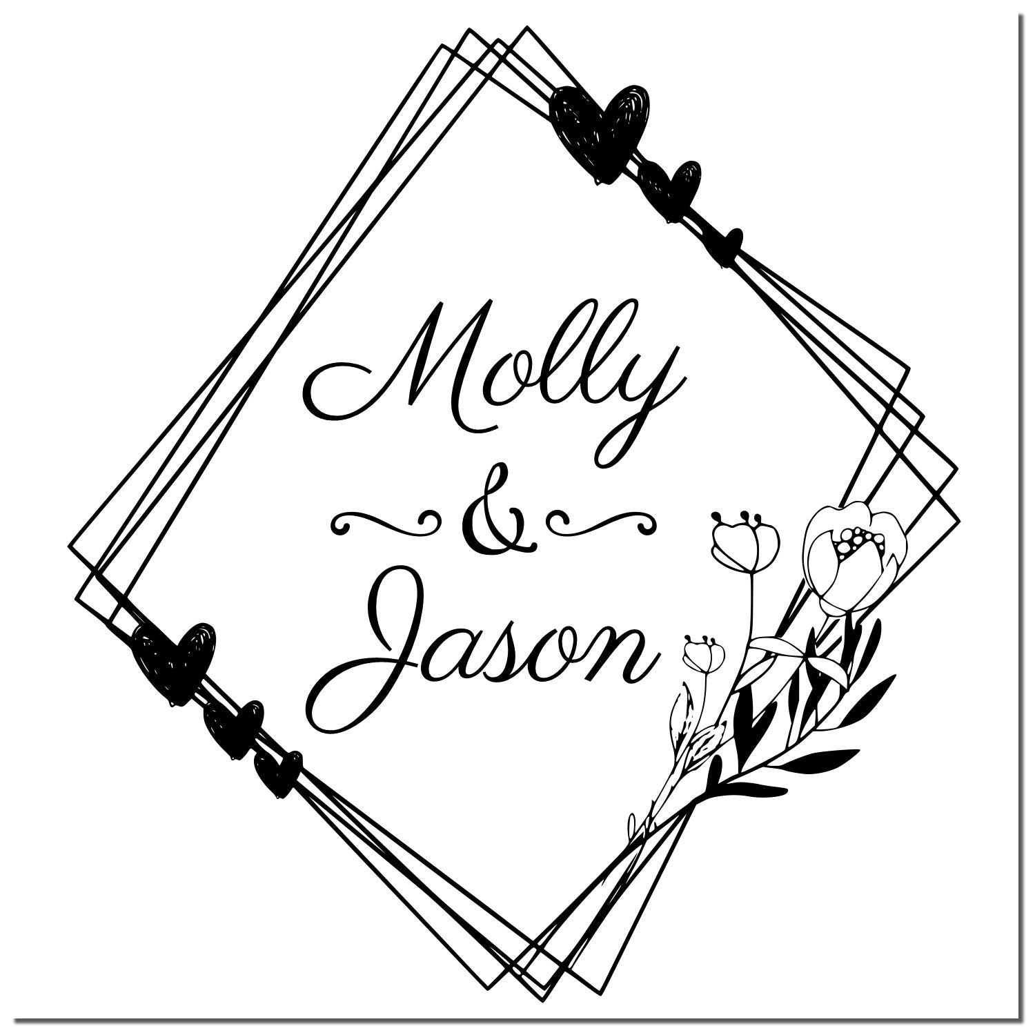 Black wedding stamp seal design with geometric heart frame, floral accents, and Molly & Jason in elegant script.