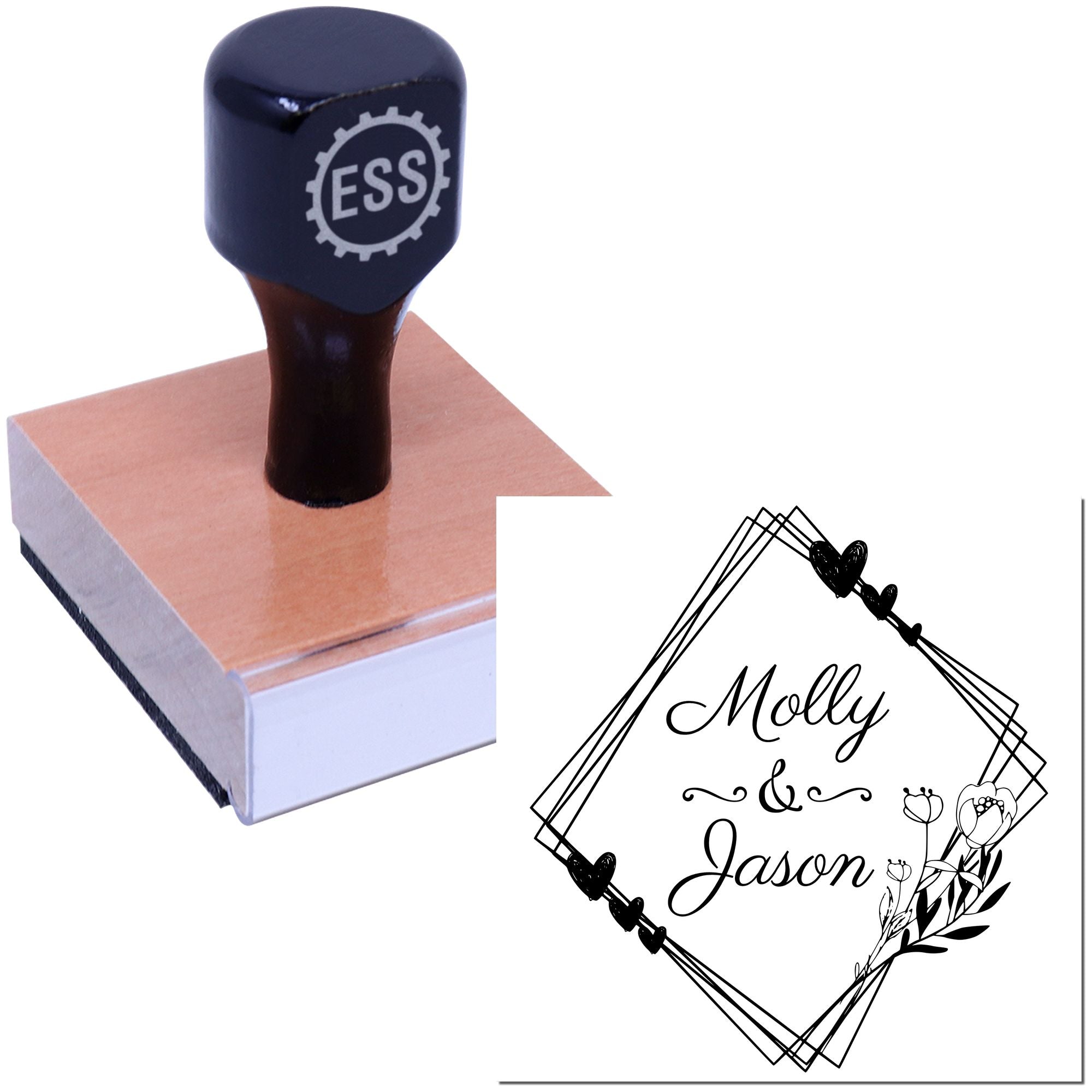 Black custom wedding stamp seal on wooden block, with geometric heart frame and names Molly & Jason on white background.