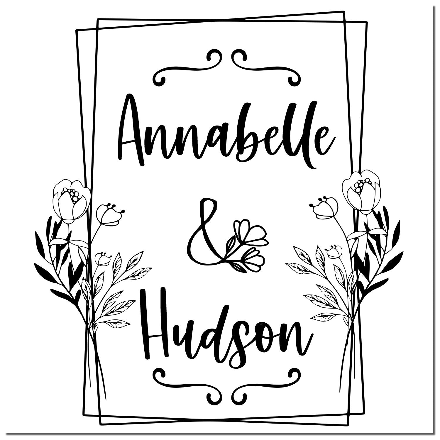 Custom black-and-white floral stamp seal with Annabelle & Hudson, decorative leaves and curly flourishes.