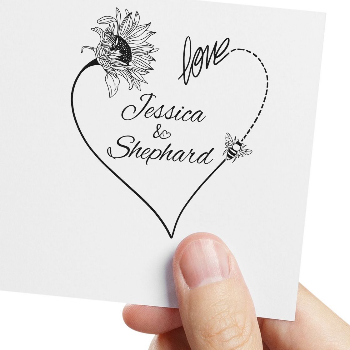 Custom black wedding stamp and seal design with heart, sunflower, bee, and Love Jessica & Shephard on white card