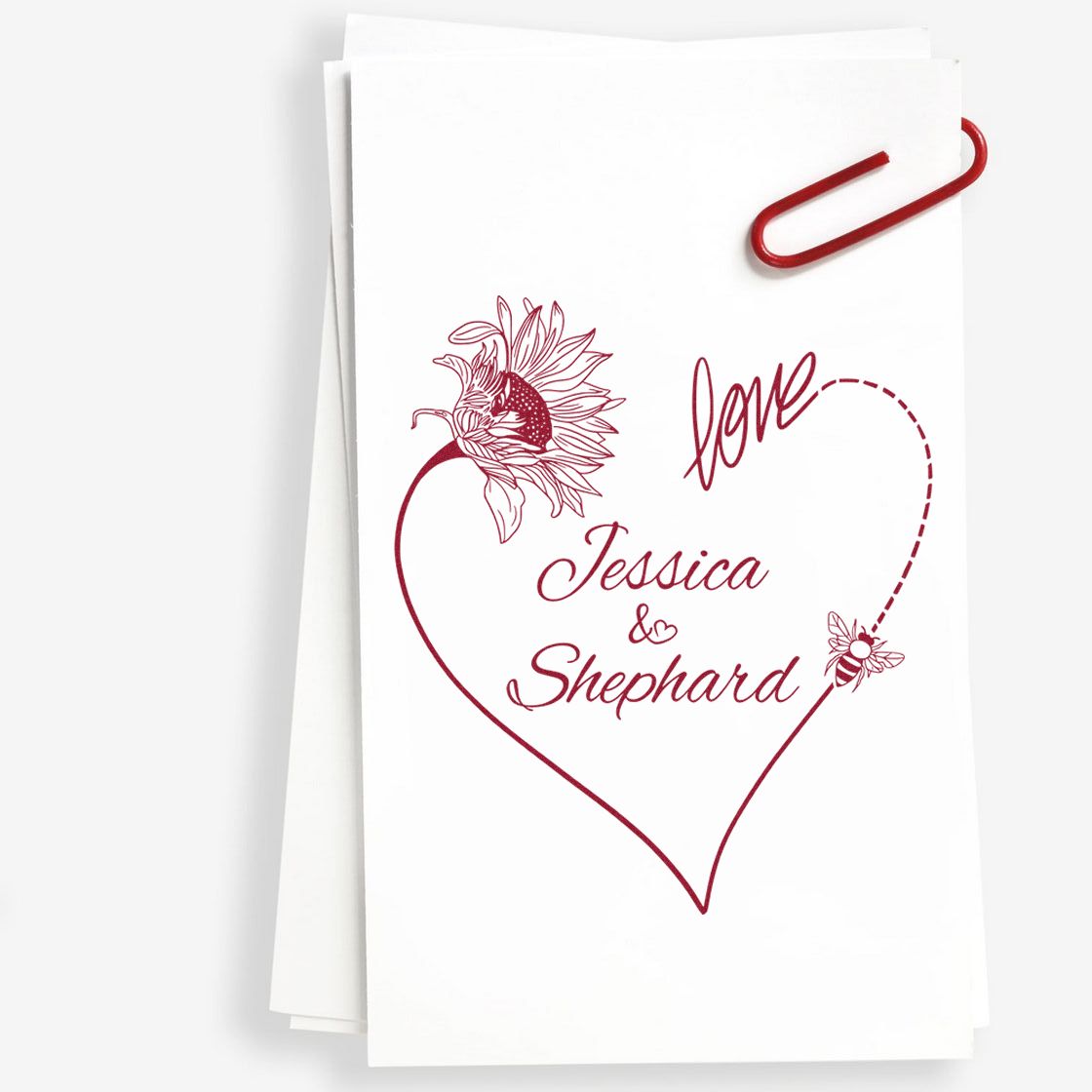 Red custom love heart stamp and seal with sunflower, bee, and Jessica & Shephard on white paper.