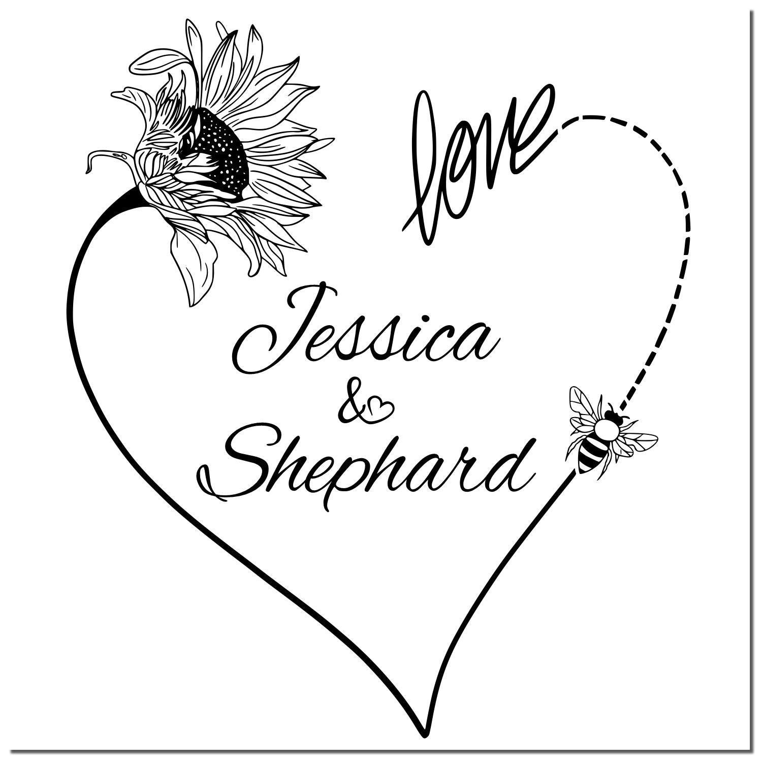 Black-and-white custom stamp seal with heart outline, sunflower, bee, and scripted Love Jessica & Shephard