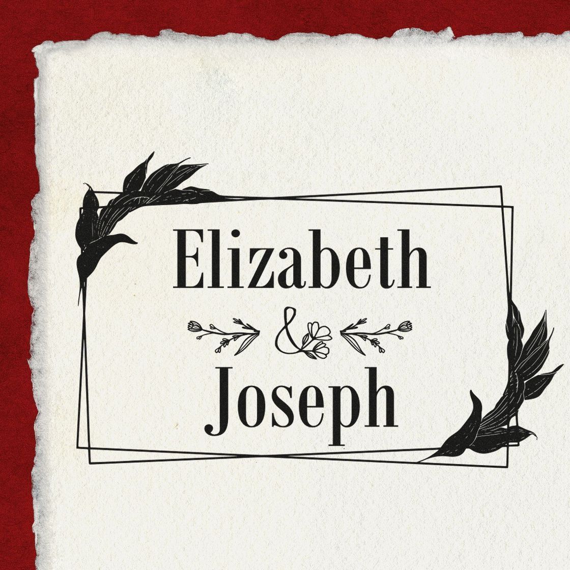 Custom black wedding stamp seal with Elizabeth and Joseph, floral border, on ivory textured paper over deep red background.