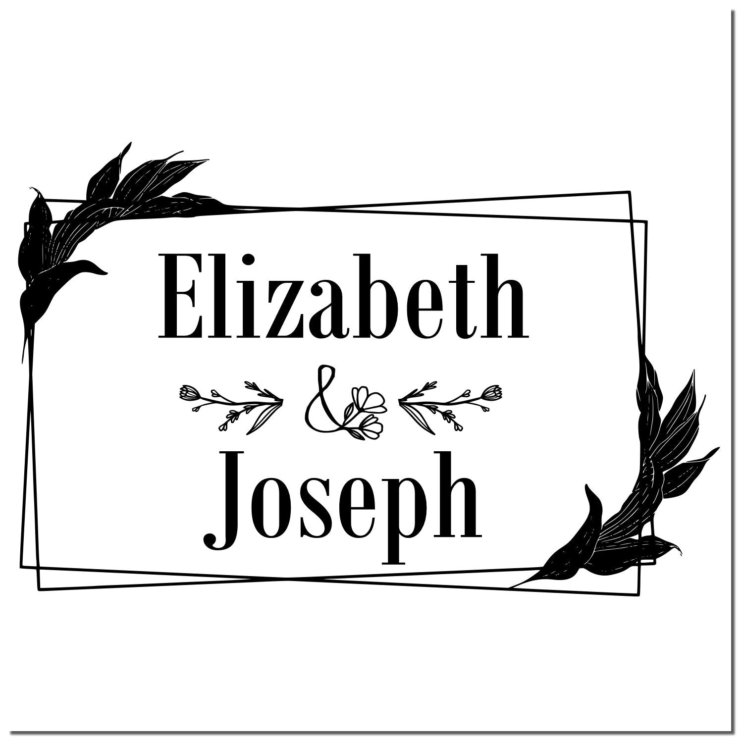 Black personalized wedding stamp and seal with Elizabeth and Joseph in serif type, framed by floral leaves.