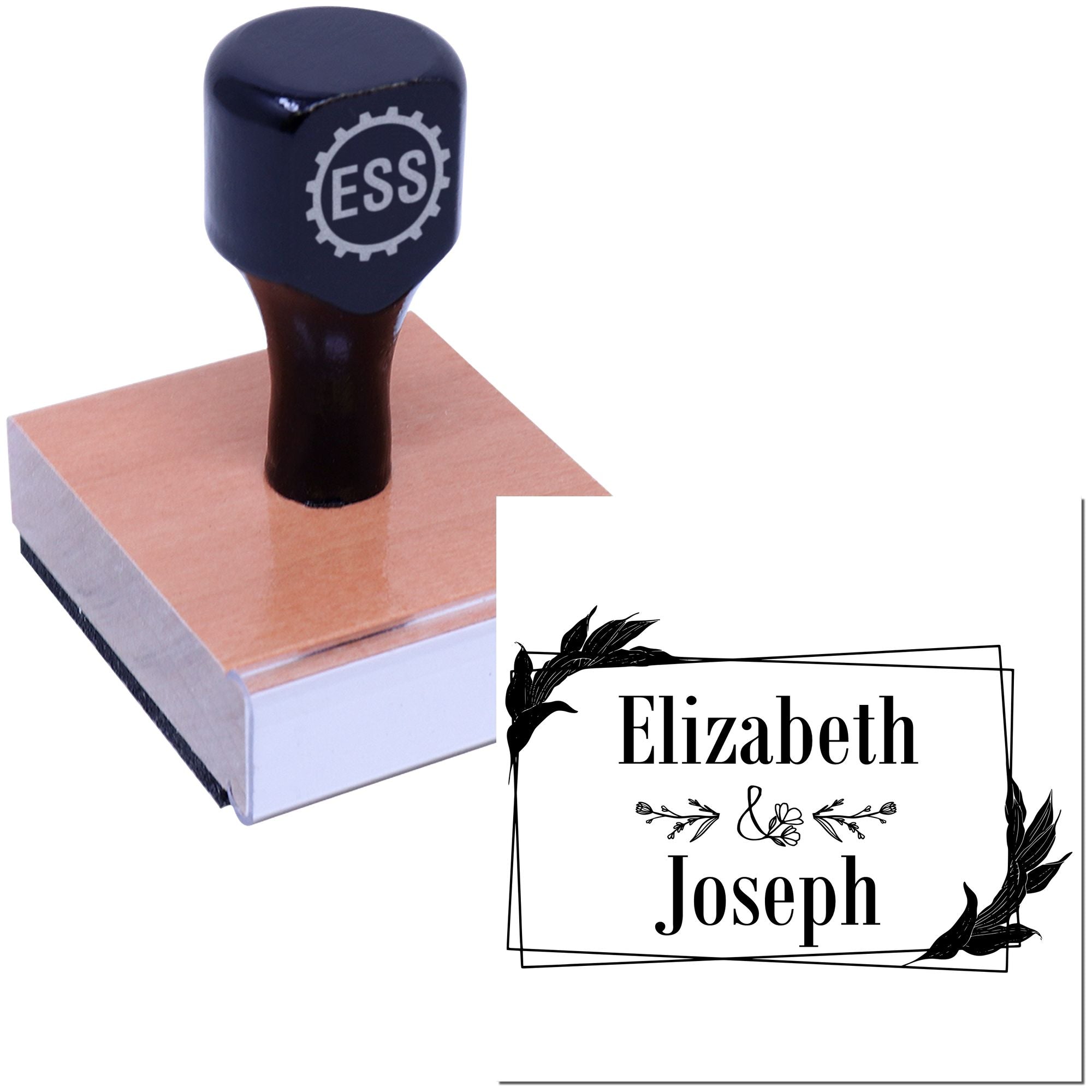 Black custom stamp with ESS logo on a wood base, plus wedding seal reading Elizabeth & Joseph in a floral frame.
